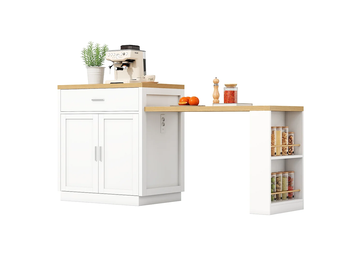Îlot central de cuisine - table à manger extensible - avec 2 portes et 2 tiroirs - avec prise de courant - Blanc + Naturel
