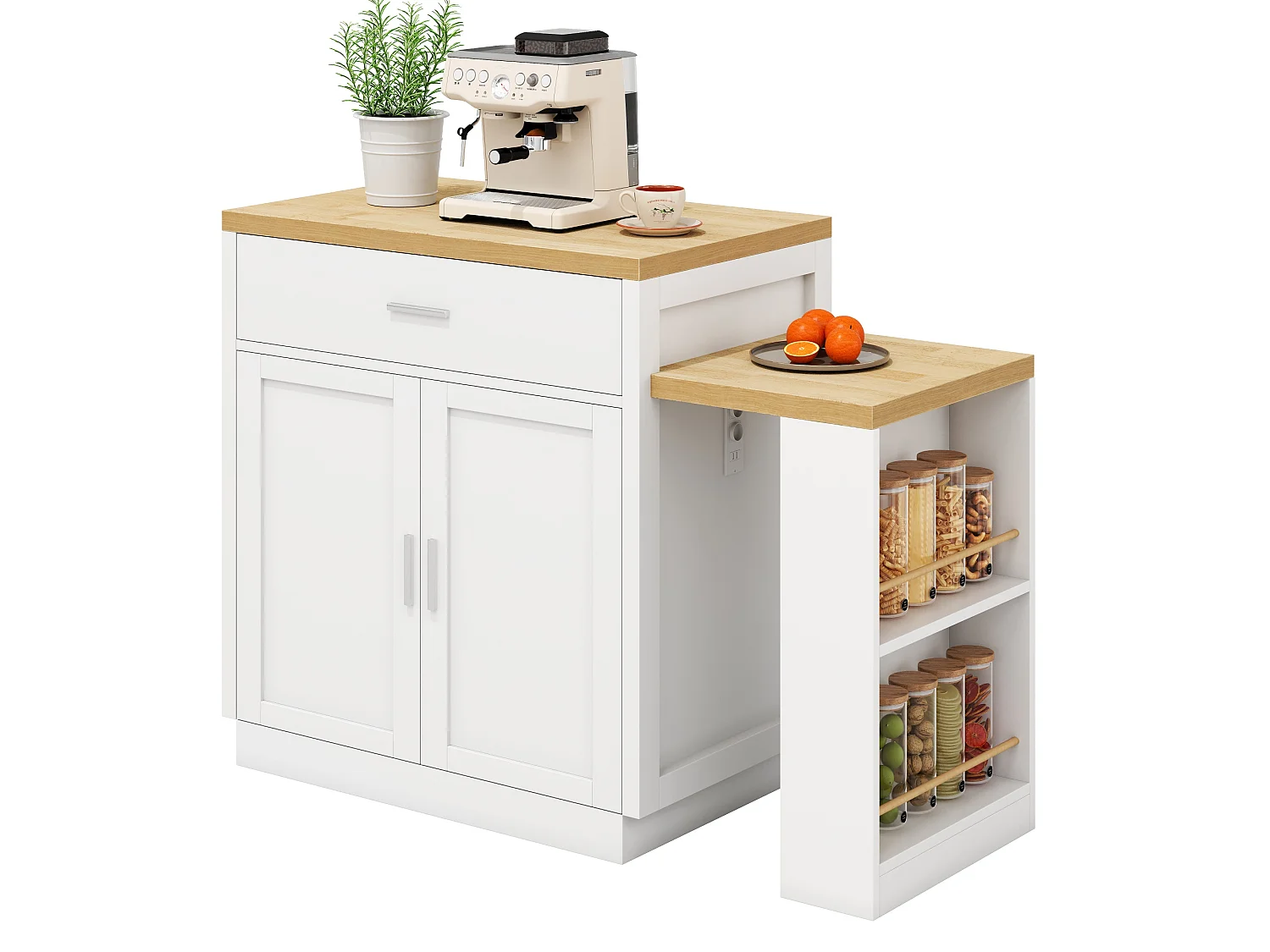 Îlot central de cuisine - table à manger extensible - avec 2 portes et 2 tiroirs - avec prise de courant - Blanc + Naturel
