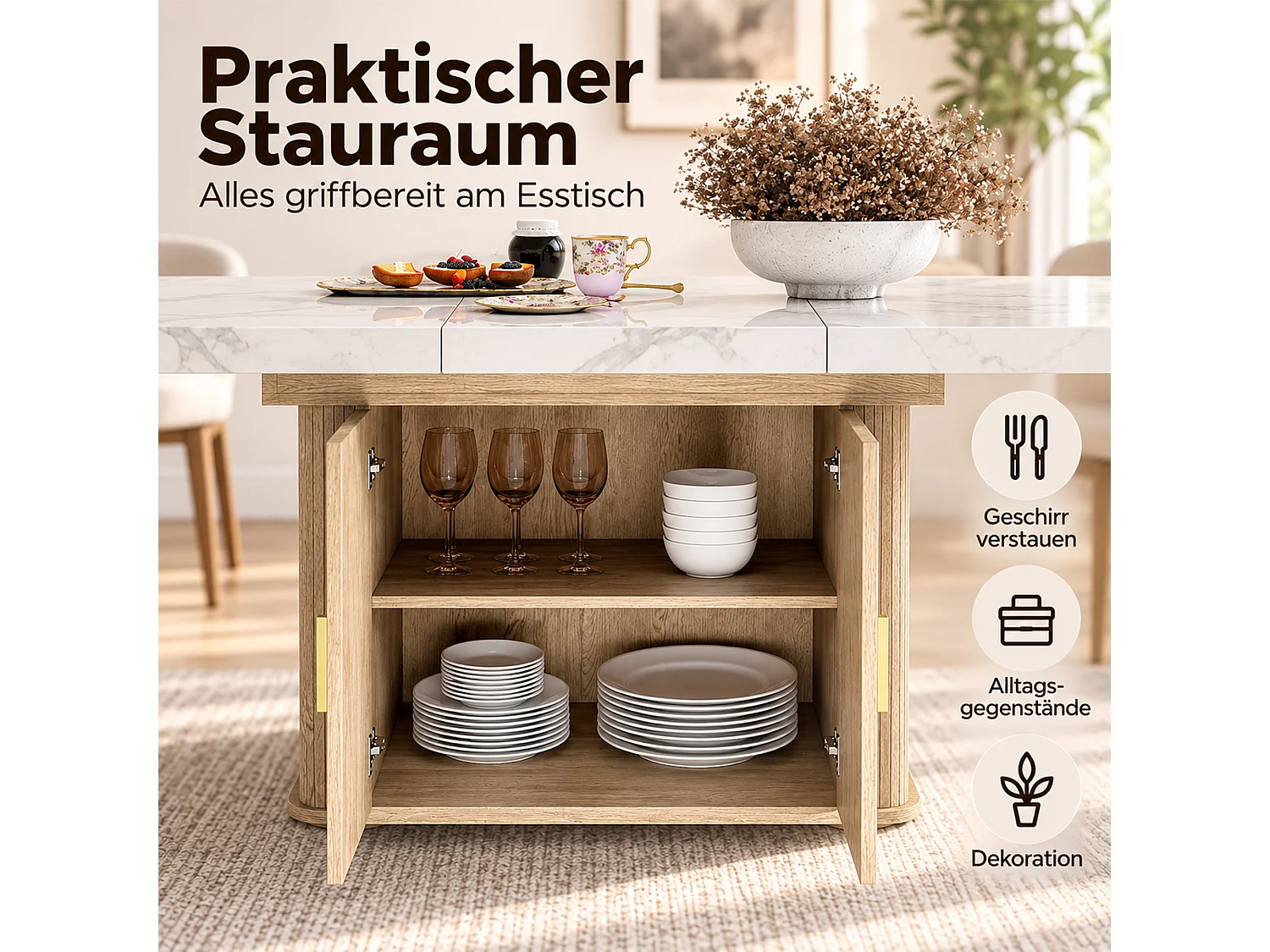 Ausziehbarer Esstisch für 6 bis 8 Personen mit Stauraum, 28 mm starke Tischplatte, abgerundete Kanten – MDF – 150–200 x 90 x 75 cm – Weiß