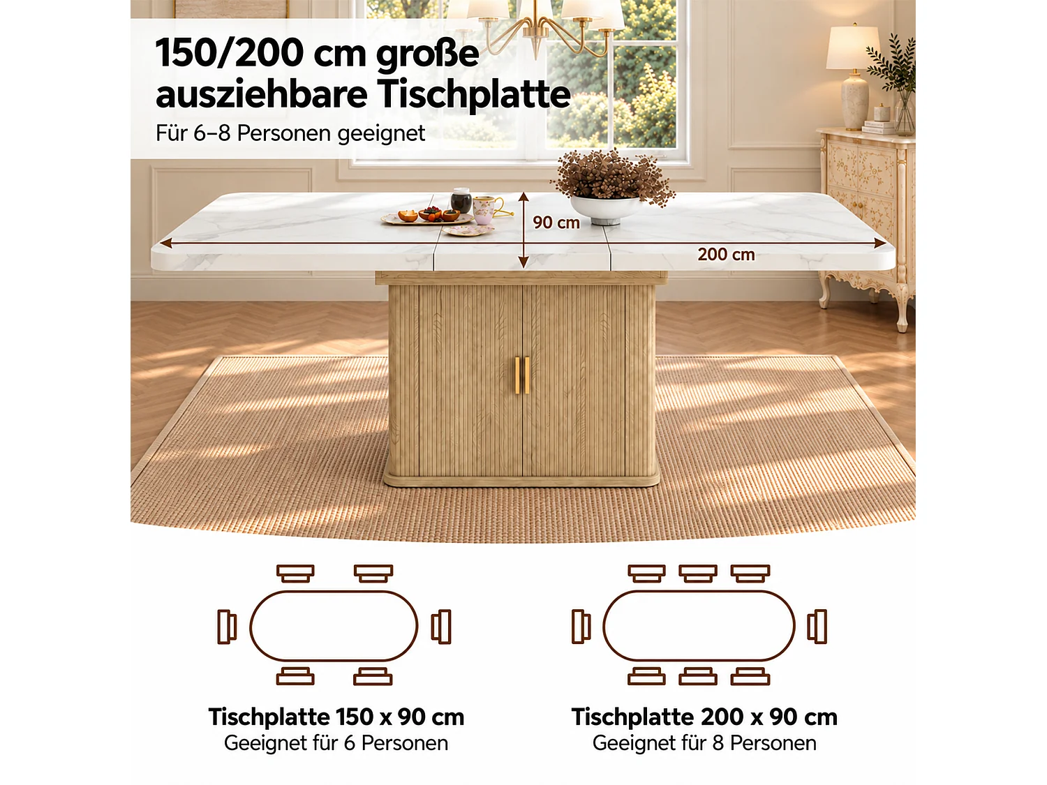 Ausziehbarer Esstisch für 6 bis 8 Personen mit Stauraum, 28 mm starke Tischplatte, abgerundete Kanten – MDF – 150–200 x 90 x 75 cm – Weiß