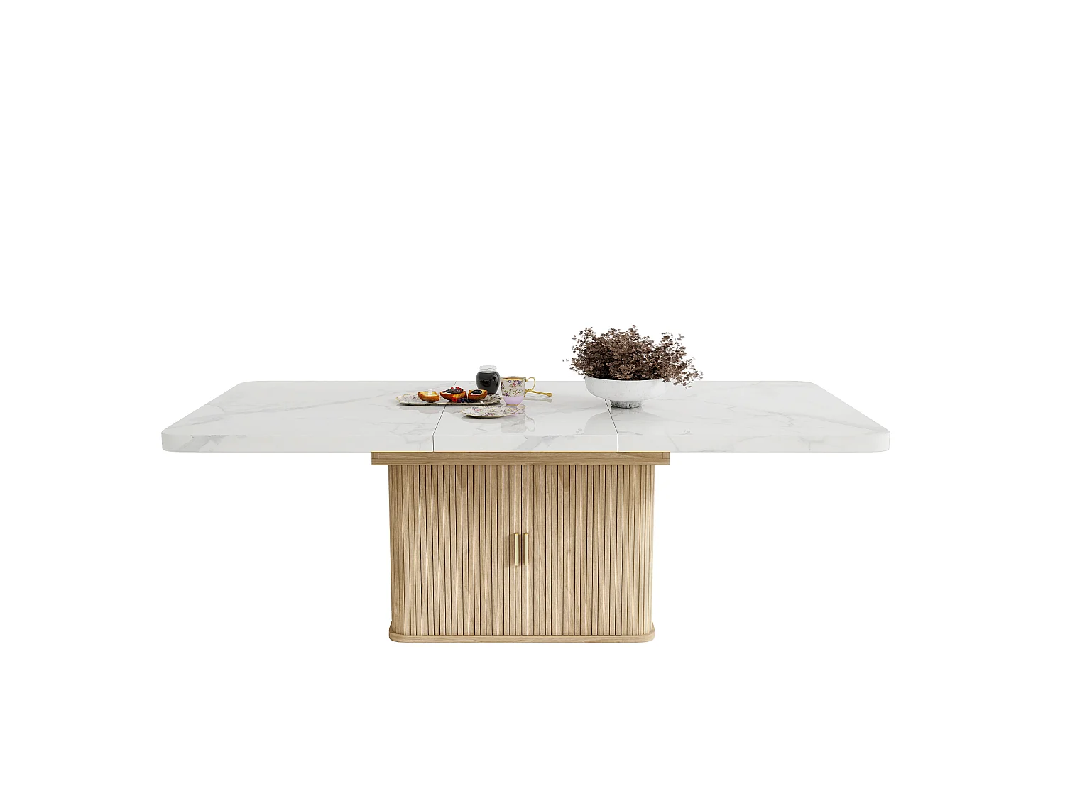 Ausziehbarer Esstisch für 6 bis 8 Personen mit Stauraum, 28 mm starke Tischplatte, abgerundete Kanten – MDF – 150–200 x 90 x 75 cm – Weiß