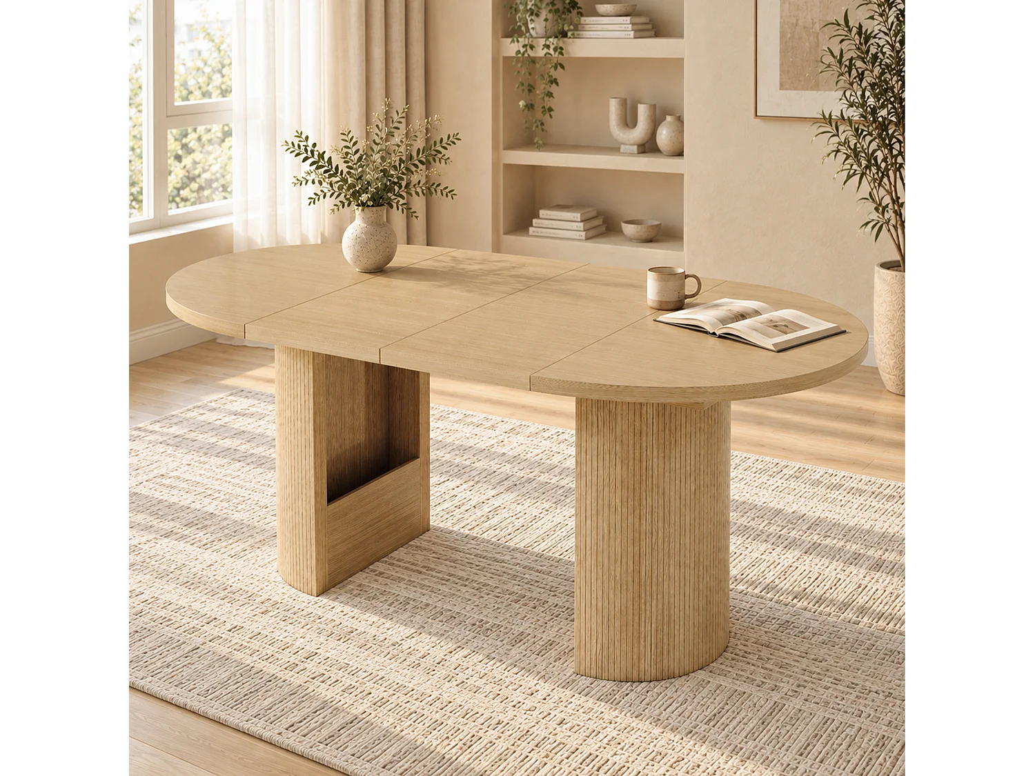 Ausziehbarer runder Esstisch für 4 bis 8 Personen, 28 mm starke Tischplatte, Lattenbeine – MDF – 90–160 x 90 x 75,5 cm – Eiche