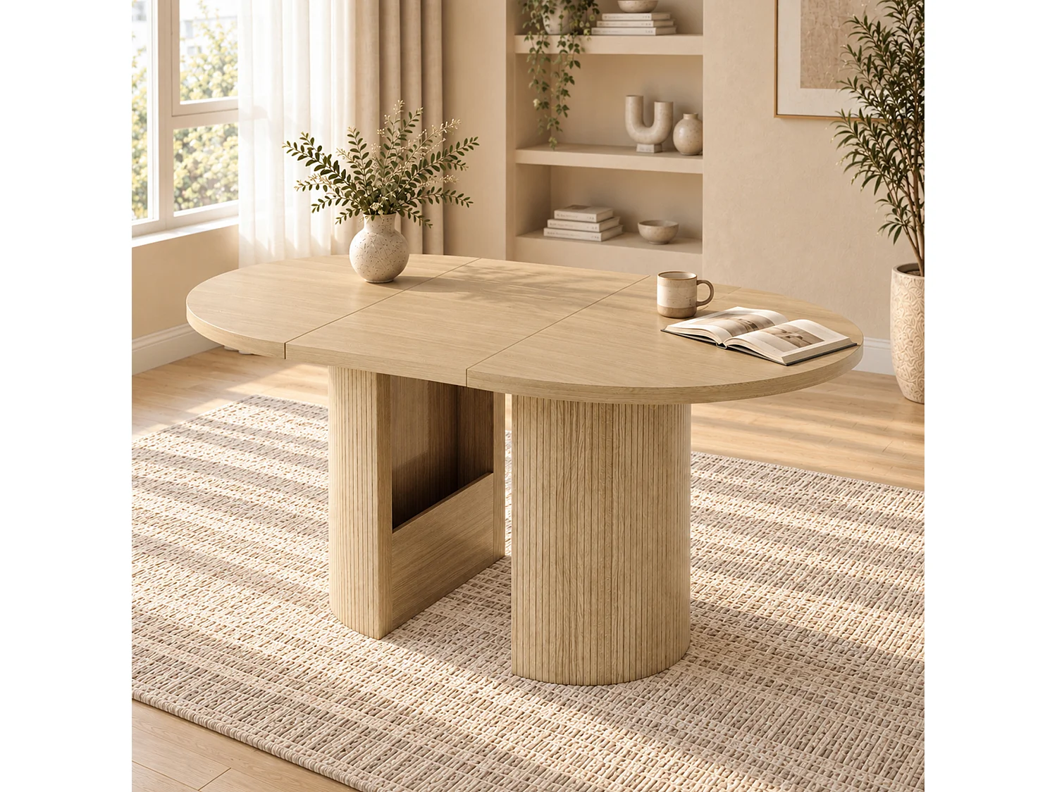 Ausziehbarer runder Esstisch für 4 bis 8 Personen, 28 mm starke Tischplatte, Lattenbeine – MDF – 90–160 x 90 x 75,5 cm – Eiche