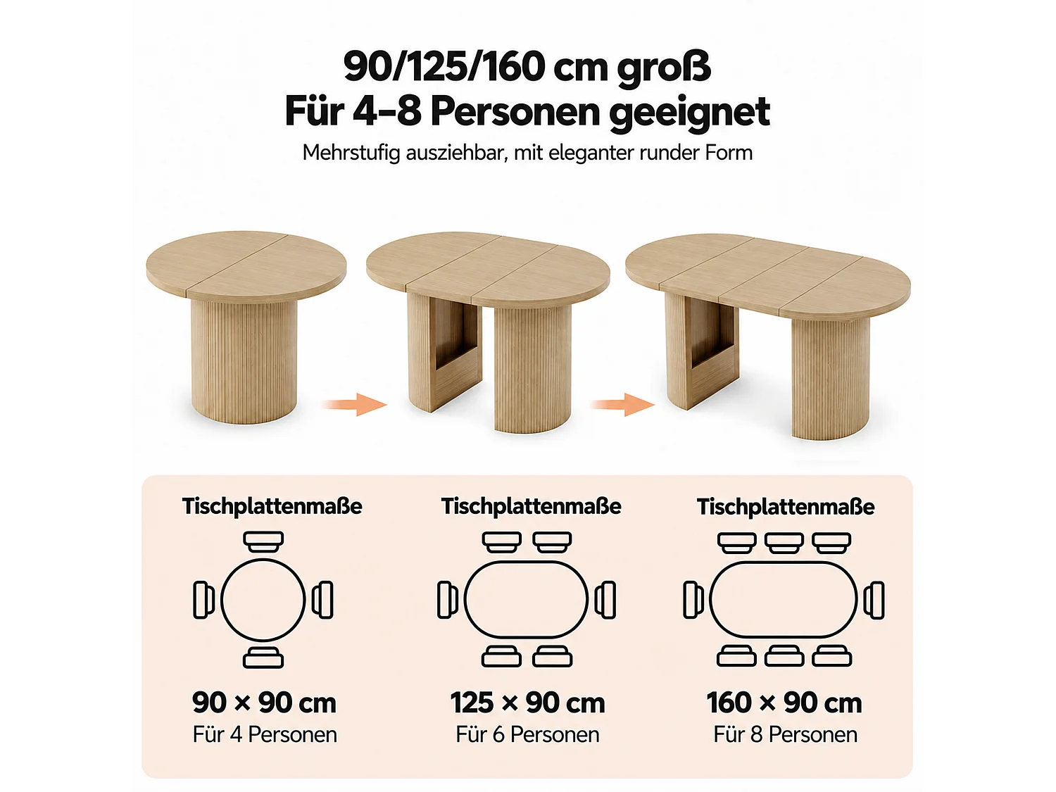Ausziehbarer runder Esstisch für 4 bis 8 Personen, 28 mm starke Tischplatte, Lattenbeine – MDF – 90–160 x 90 x 75,5 cm – Eiche