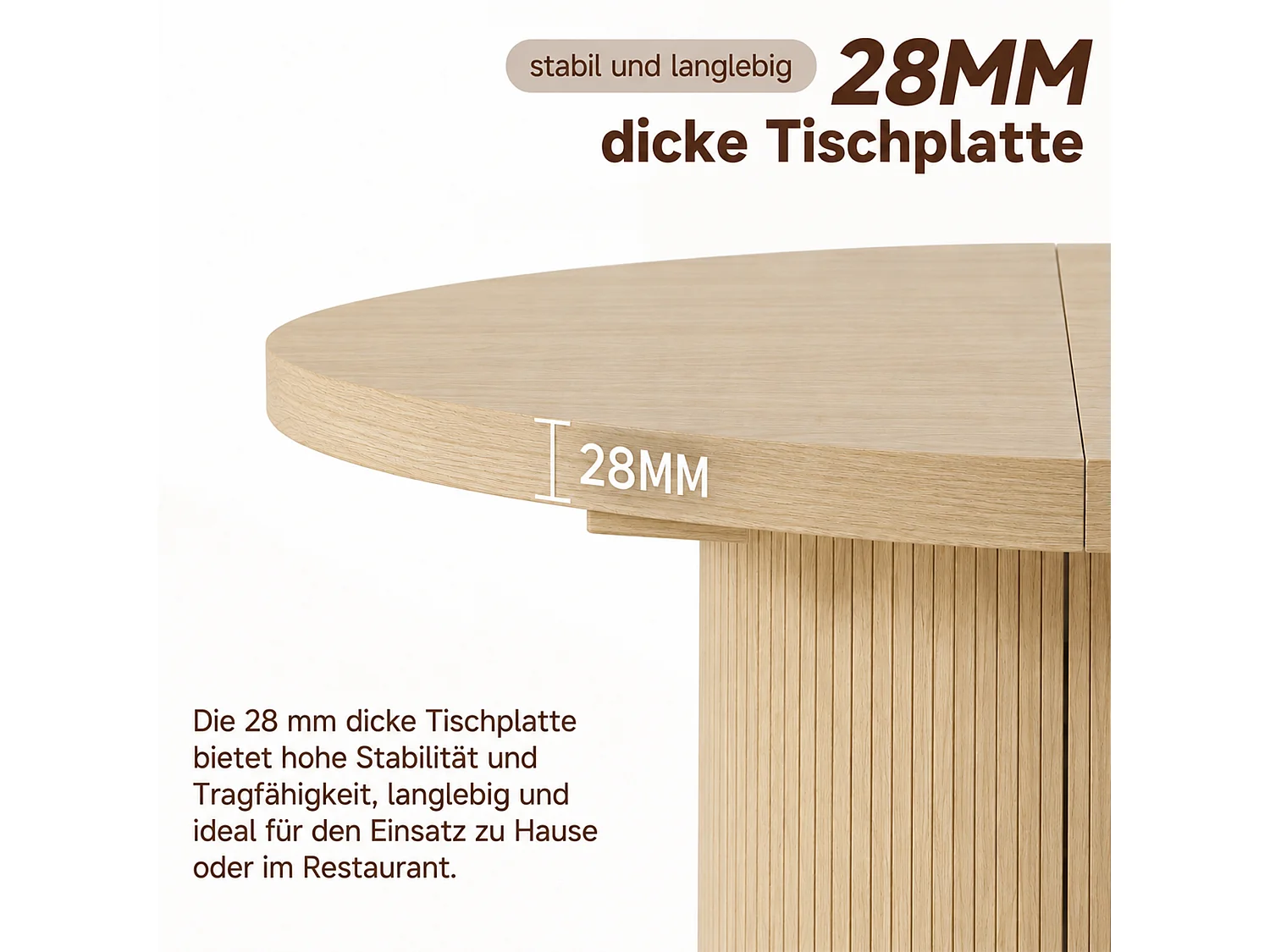 Ausziehbarer runder Esstisch für 4 bis 8 Personen, 28 mm starke Tischplatte, Lattenbeine – MDF – 90–160 x 90 x 75,5 cm – Eiche
