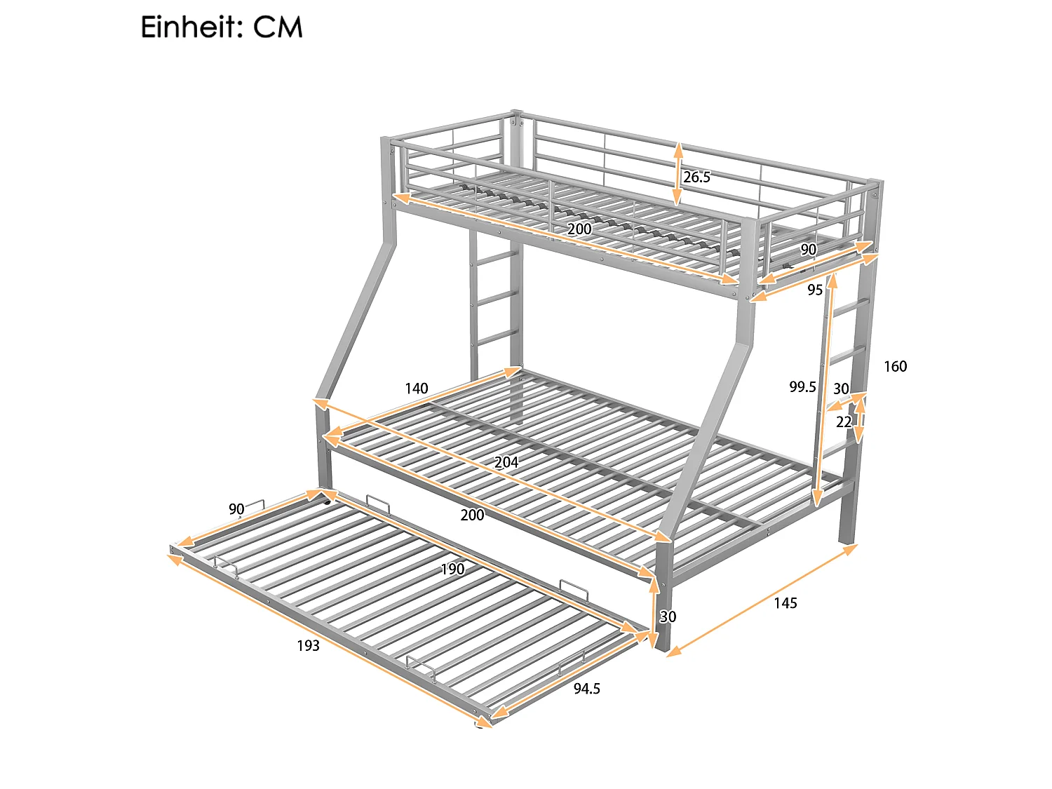Lit superposé enfant 90 x 200 / 140 x 200 cm avec lit gigogne 90 x 190 cm et barrières de sécurité – Métal – Argenté (Sans matelas)