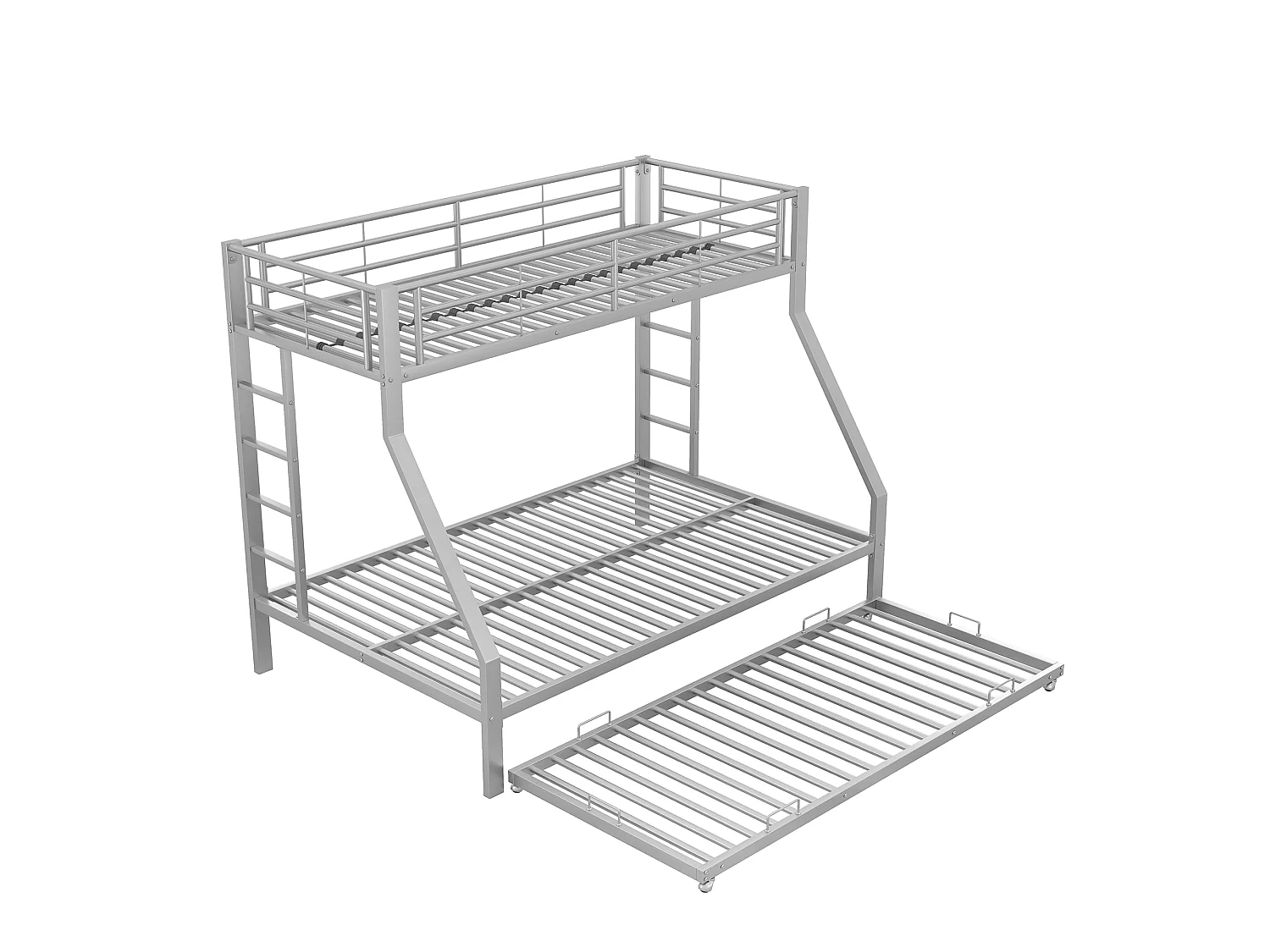 Lit superposé enfant 90 x 200 / 140 x 200 cm avec lit gigogne 90 x 190 cm et barrières de sécurité – Métal – Argenté (Sans matelas)