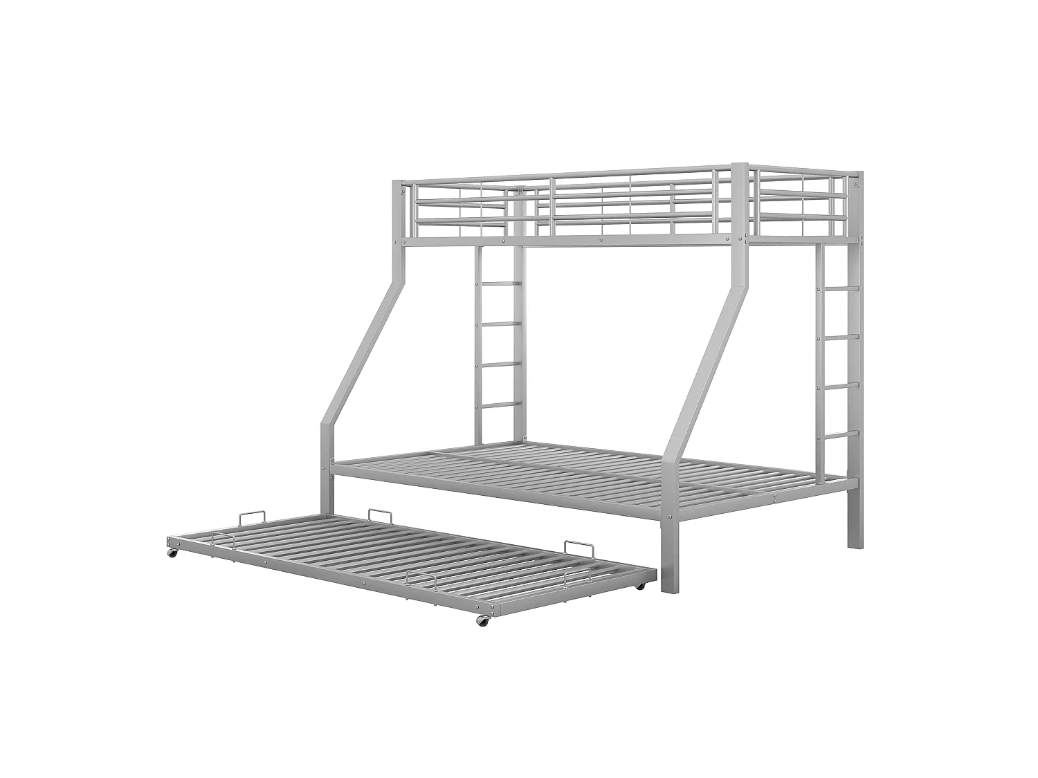 Lit superposé enfant 90 x 200 / 140 x 200 cm avec lit gigogne 90 x 190 cm et barrières de sécurité – Métal – Argenté (Sans matelas)