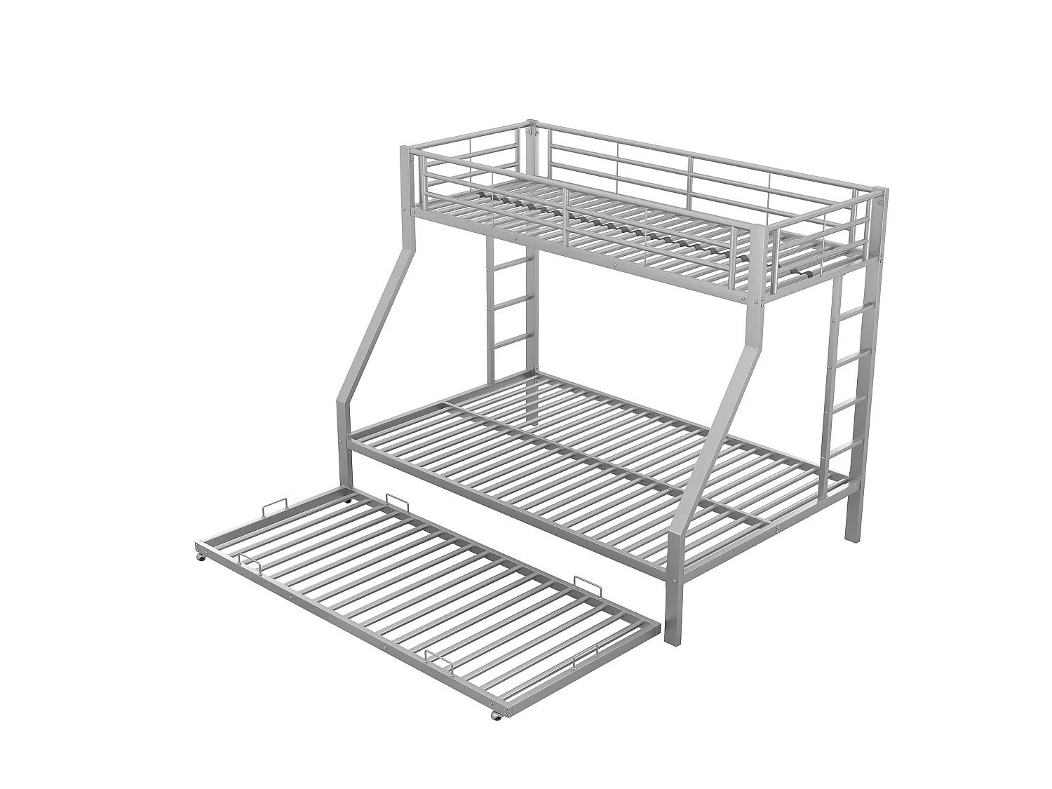 Lit superposé enfant 90 x 200 / 140 x 200 cm avec lit gigogne 90 x 190 cm et barrières de sécurité – Métal – Argenté (Sans matelas)