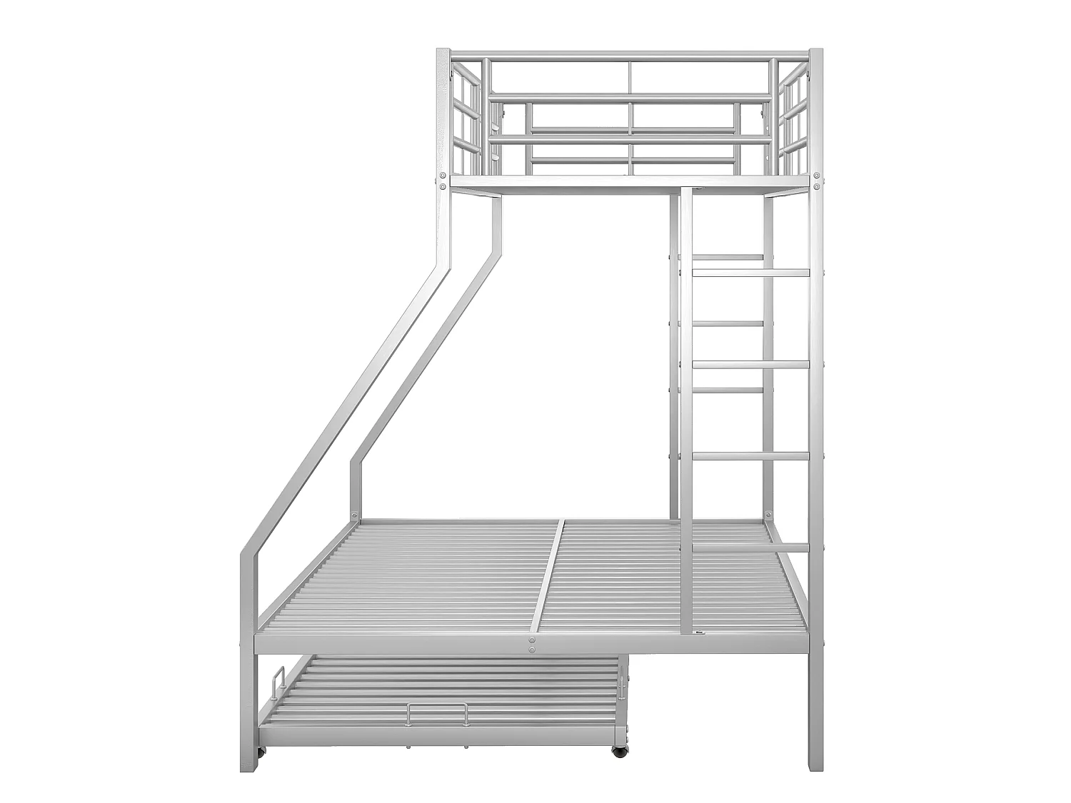Lit superposé enfant 90 x 200 / 140 x 200 cm avec lit gigogne 90 x 190 cm et barrières de sécurité – Métal – Argenté (Sans matelas)
