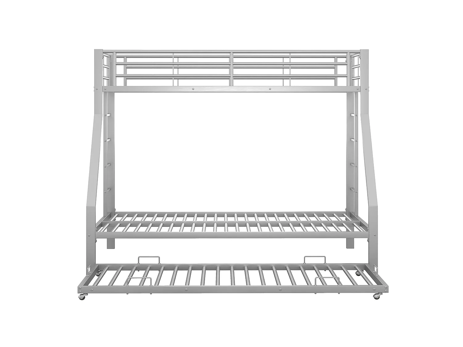 Lit superposé enfant 90 x 200 / 140 x 200 cm avec lit gigogne 90 x 190 cm et barrières de sécurité – Métal – Argenté (Sans matelas)