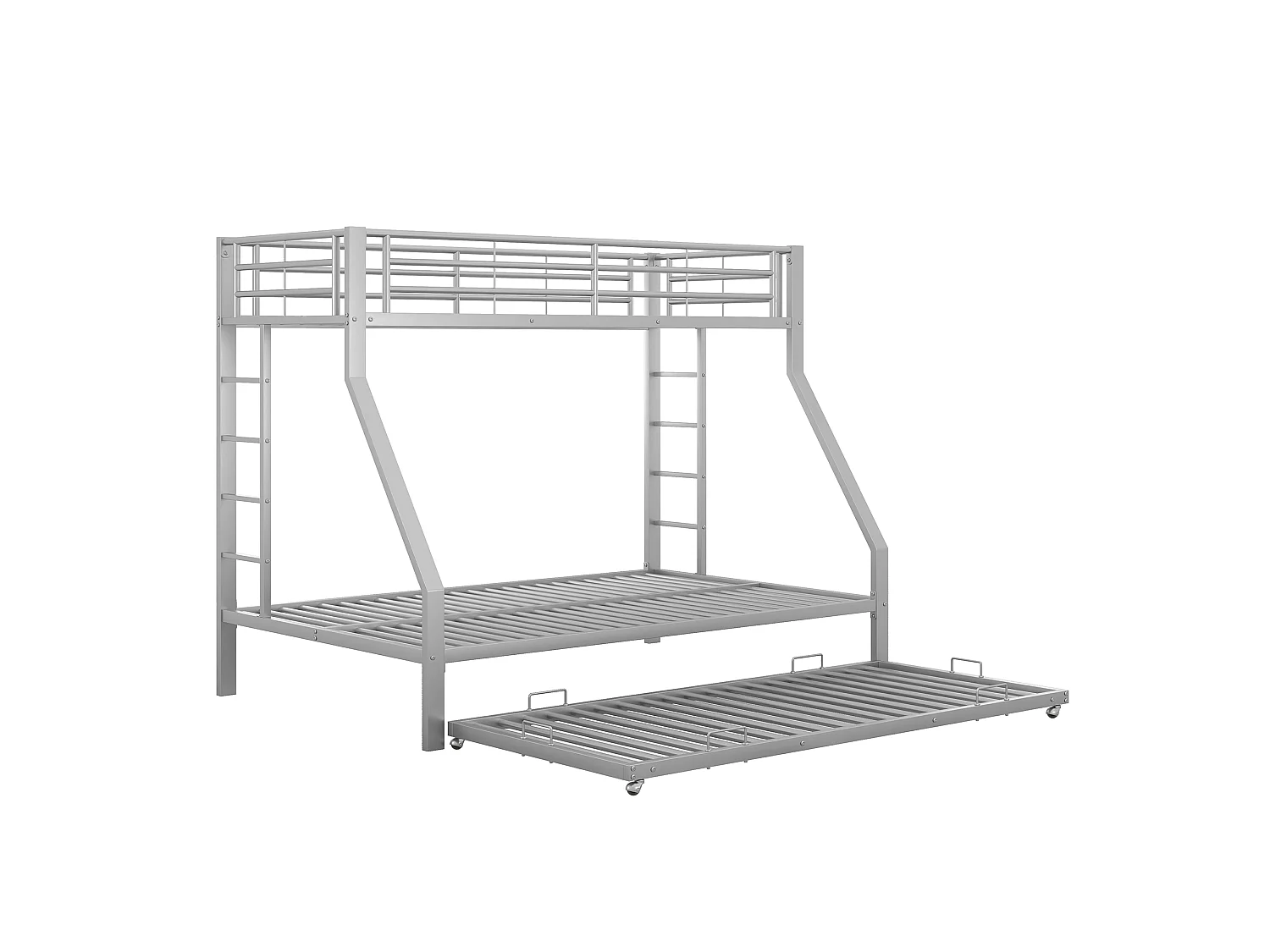 Lit superposé enfant 90 x 200 / 140 x 200 cm avec lit gigogne 90 x 190 cm et barrières de sécurité – Métal – Argenté (Sans matelas)