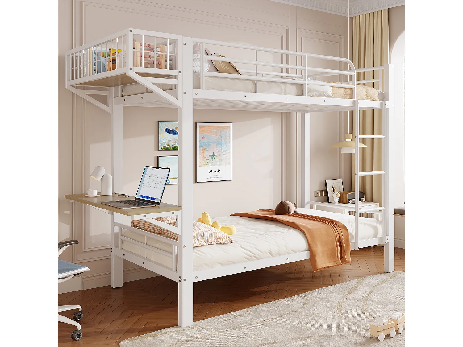 Lit superposé 90 x 200 cm avec bureau intégré, étagère réversible et barrières de sécurité – Métal et MDF – Blanc (Sans matelas)