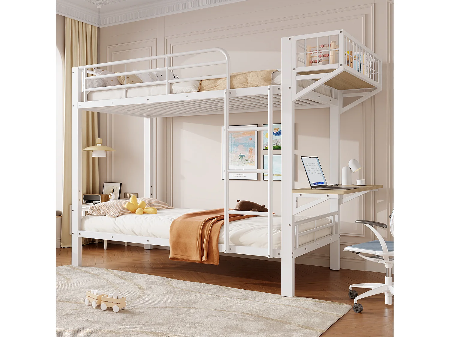 Lit superposé 90 x 200 cm avec bureau intégré, étagère réversible et barrières de sécurité – Métal et MDF – Blanc (Sans matelas)