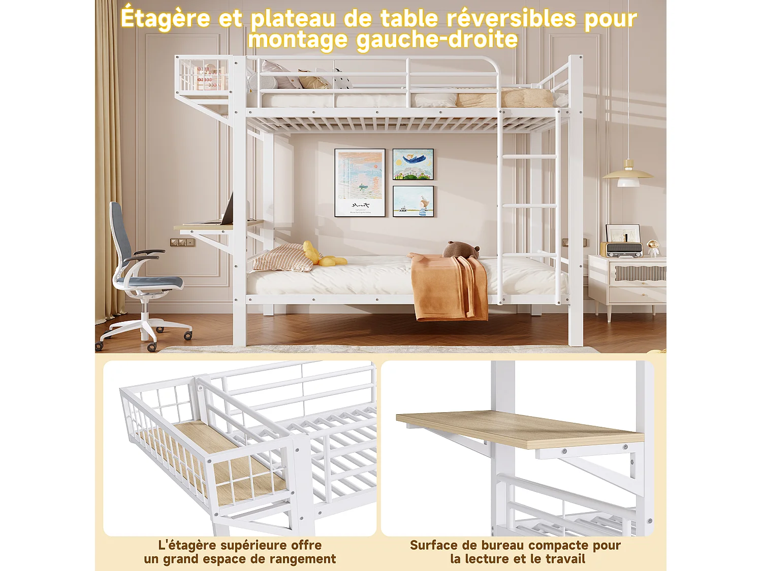 Lit superposé 90 x 200 cm avec bureau intégré, étagère réversible et barrières de sécurité – Métal et MDF – Blanc (Sans matelas)