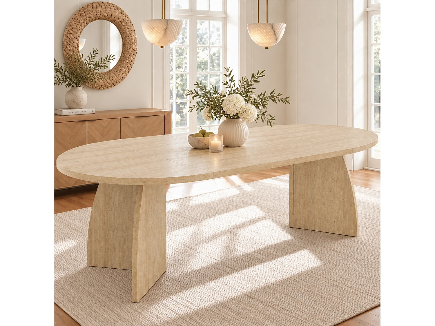 Rozkładany stół jadalny dla 4-8 osób, zaokrąglone krawędzie, 3 długości – płyta MDF – 100-180 x 100 x 75 cm – wygląd trawertynu