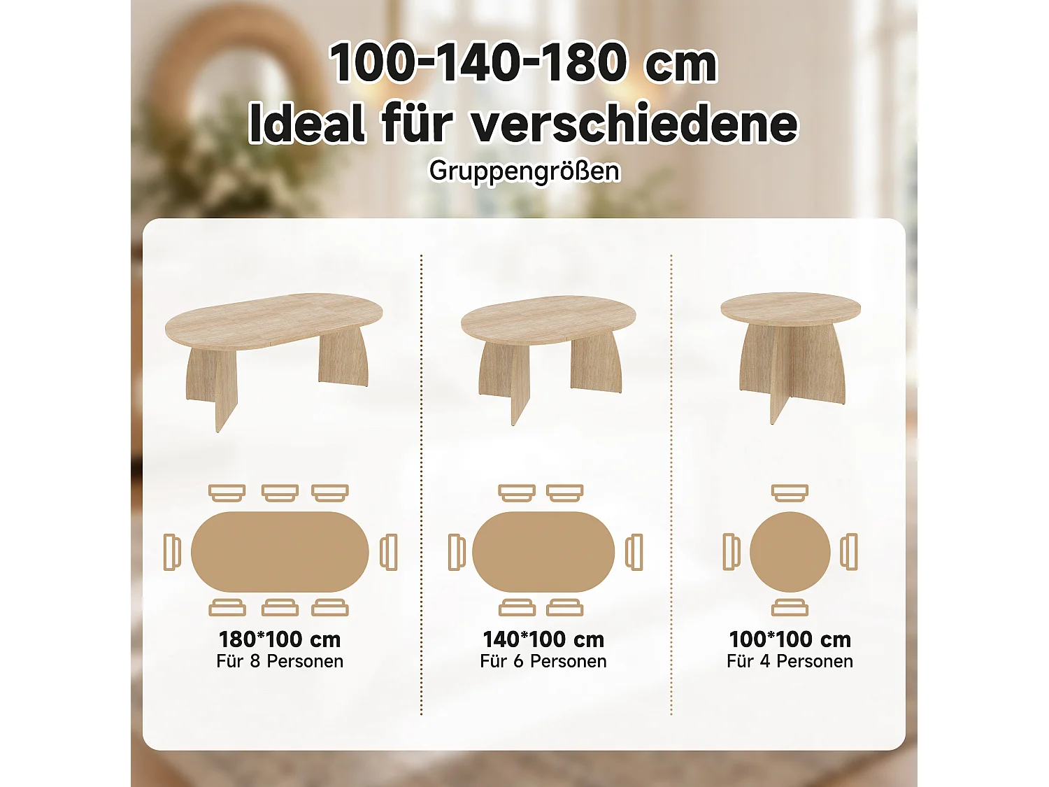 Rozkładany stół jadalny dla 4-8 osób, zaokrąglone krawędzie, 3 długości – płyta MDF – 100-180 x 100 x 75 cm – wygląd trawertynu