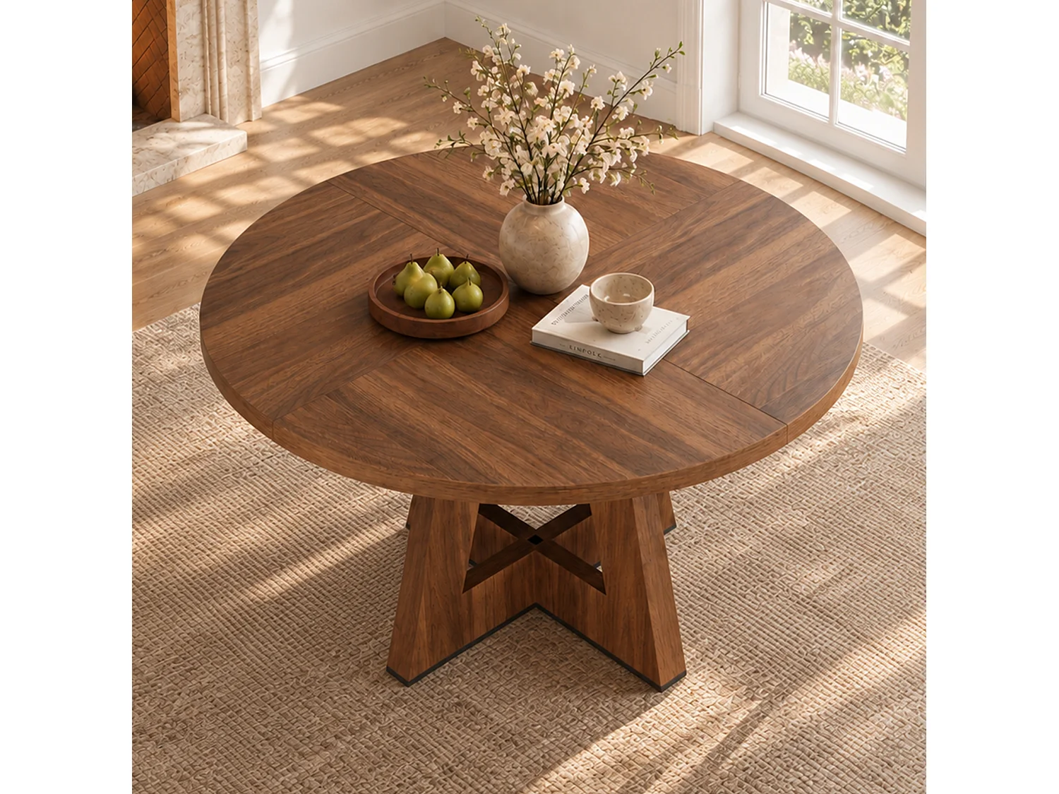 Table à manger ronde 4 à 6 personnes, style scandinave, plateau effet bois – MDF – 120 x 120 x 75 cm – Noyer