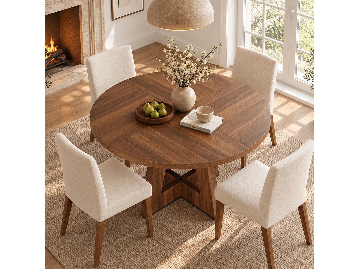 Table à manger ronde 4 à 6 personnes, style scandinave, plateau effet bois – MDF – 120 x 120 x 75 cm – Noyer