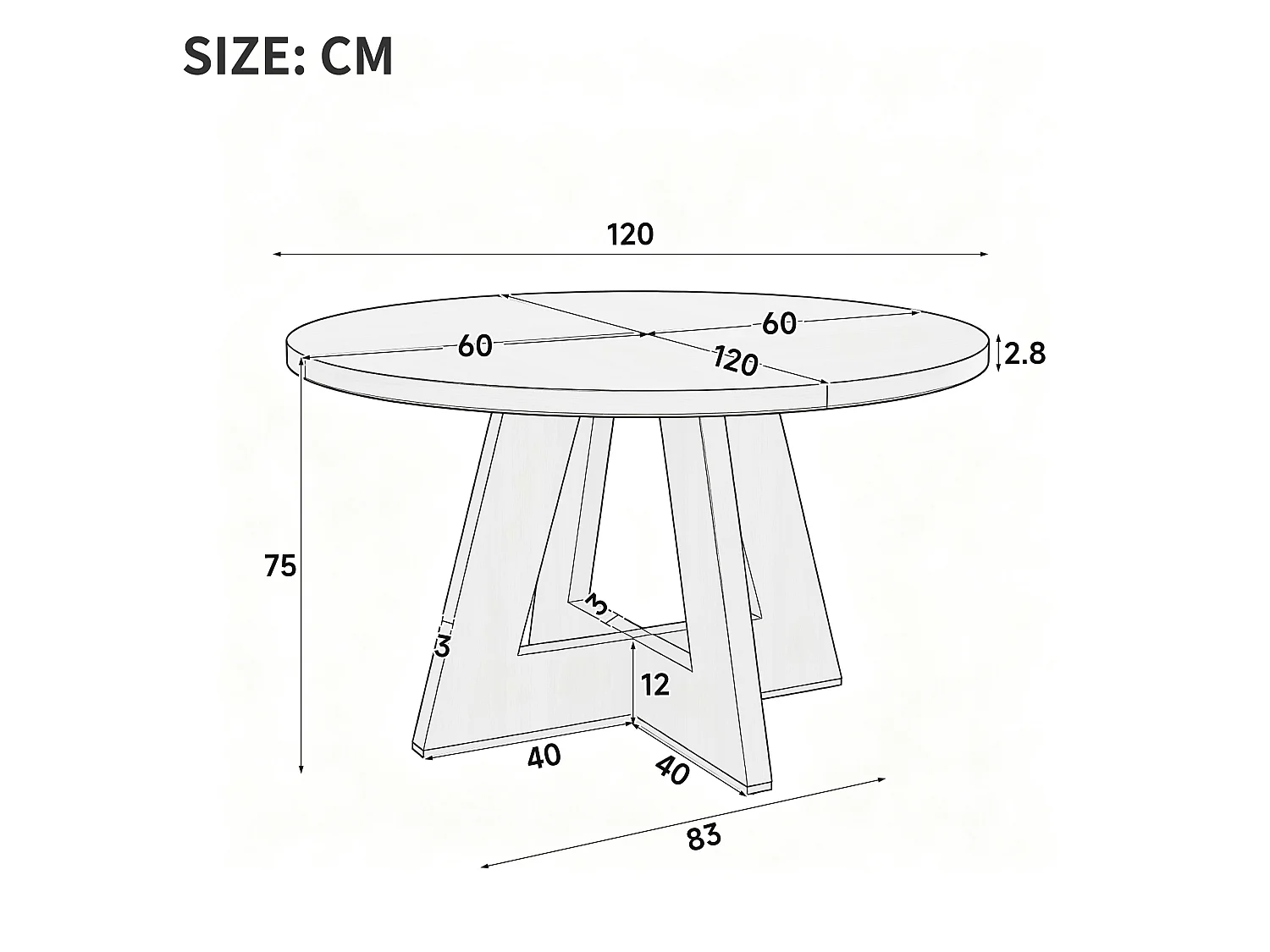 Table à manger ronde 4 à 6 personnes, style scandinave, plateau effet bois – MDF – 120 x 120 x 75 cm – Noyer