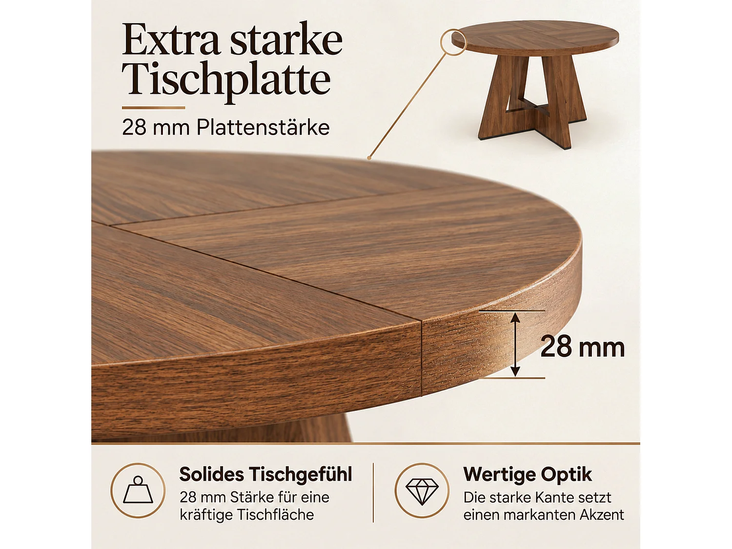 Table à manger ronde 4 à 6 personnes, style scandinave, plateau effet bois – MDF – 120 x 120 x 75 cm – Noyer