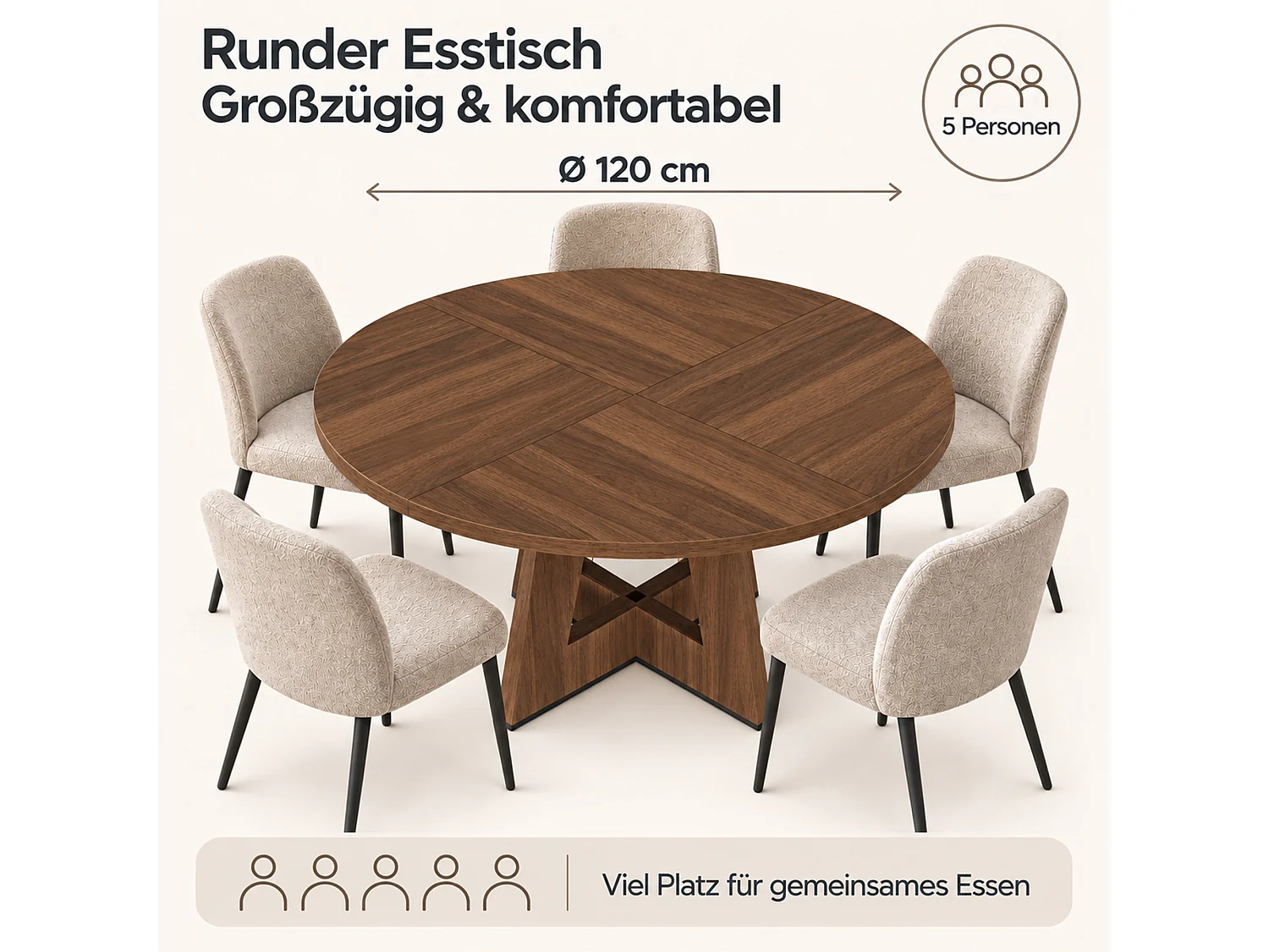 Table à manger ronde 4 à 6 personnes, style scandinave, plateau effet bois – MDF – 120 x 120 x 75 cm – Noyer