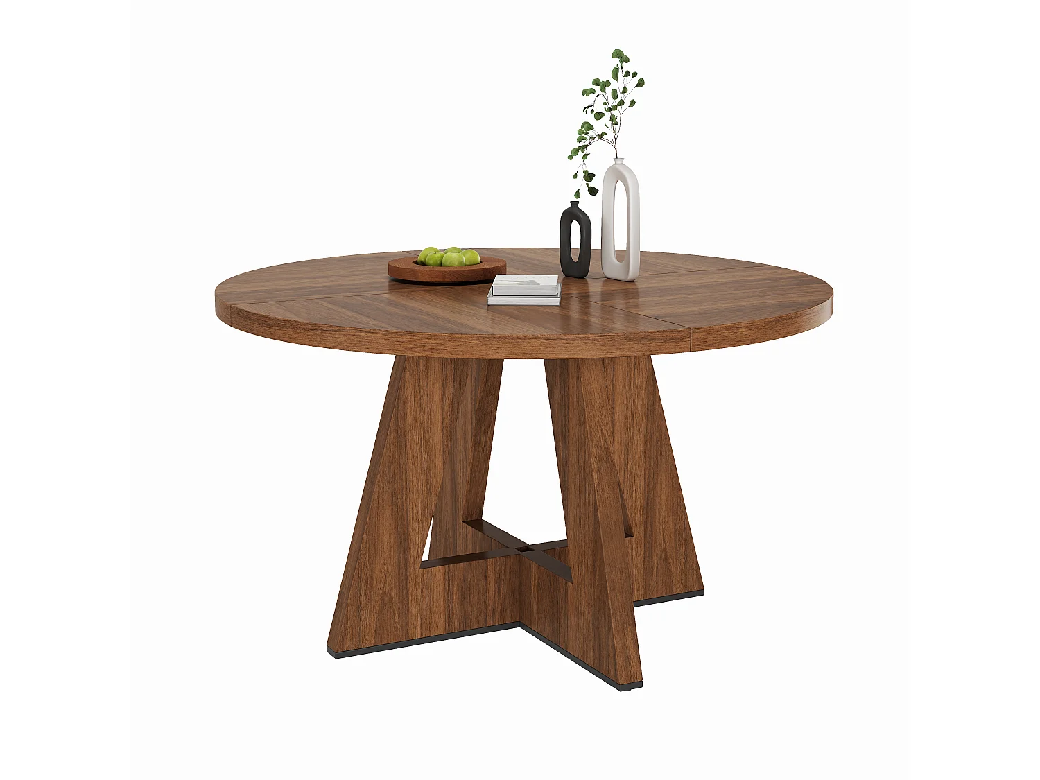 Table à manger ronde 4 à 6 personnes, style scandinave, plateau effet bois – MDF – 120 x 120 x 75 cm – Noyer