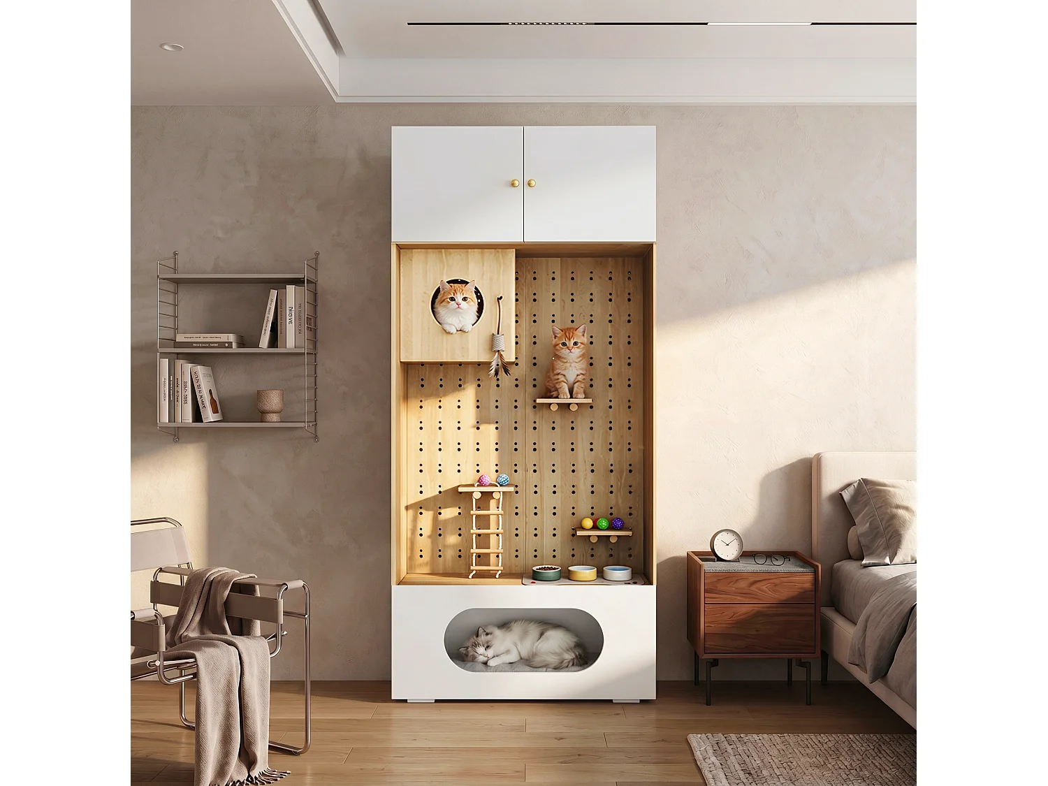 Meuble Multifonction pour Chat 90x200cm Blanc et Bois - Armoire de Rangement avec Parcours d'Escalade, Niche, Coussin Moelleux & Étage Supérieur, Style Scandinave