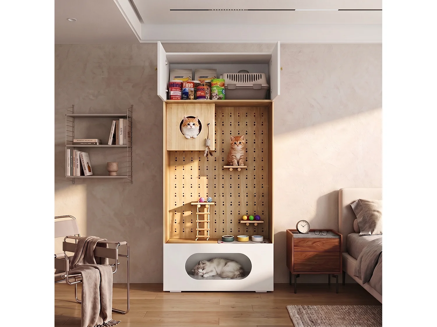 Meuble Multifonction pour Chat 90x200cm Blanc et Bois - Armoire de Rangement avec Parcours d'Escalade, Niche, Coussin Moelleux & Étage Supérieur, Style Scandinave