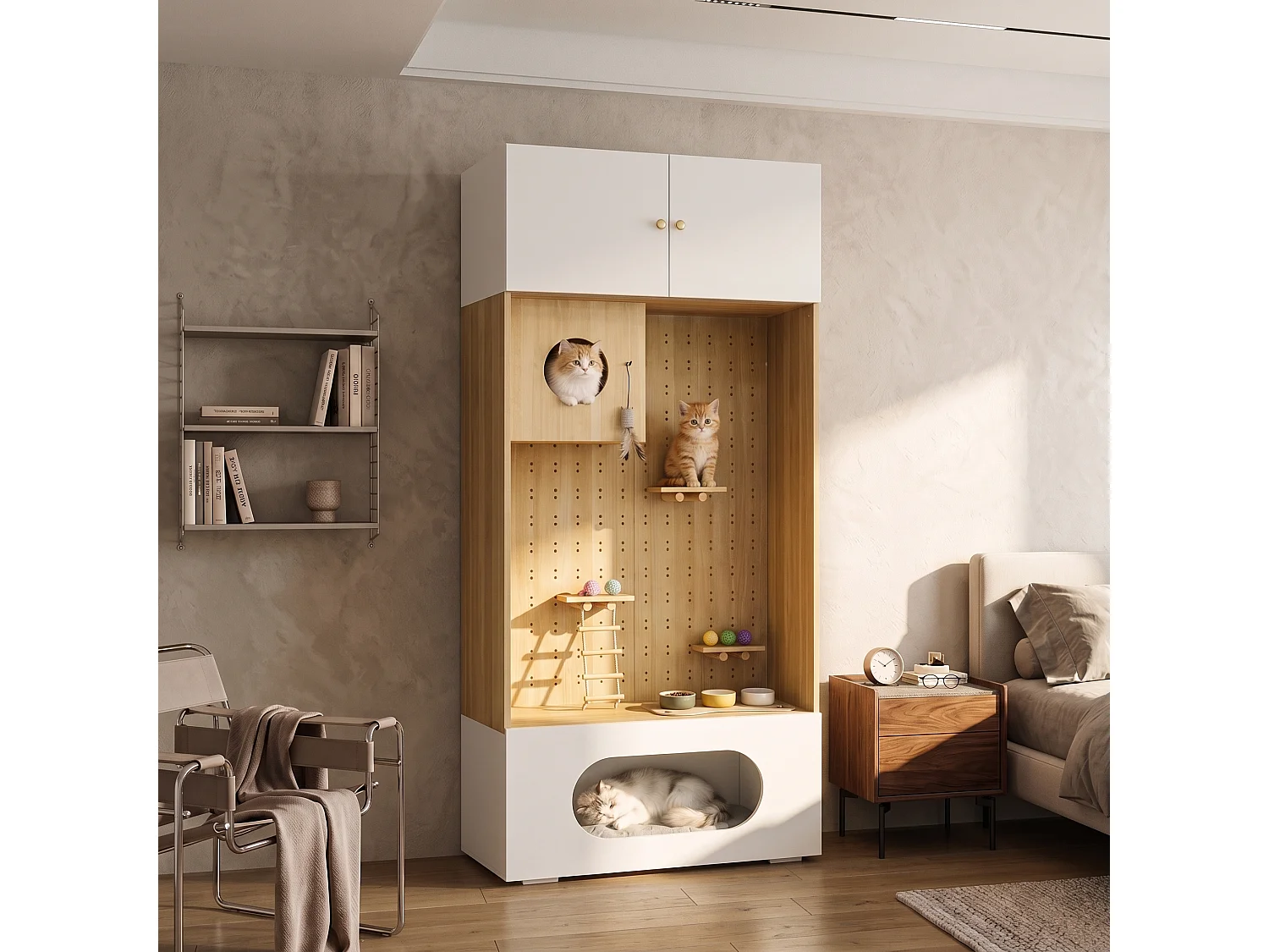 Meuble Multifonction pour Chat 90x200cm Blanc et Bois - Armoire de Rangement avec Parcours d'Escalade, Niche, Coussin Moelleux & Étage Supérieur, Style Scandinave