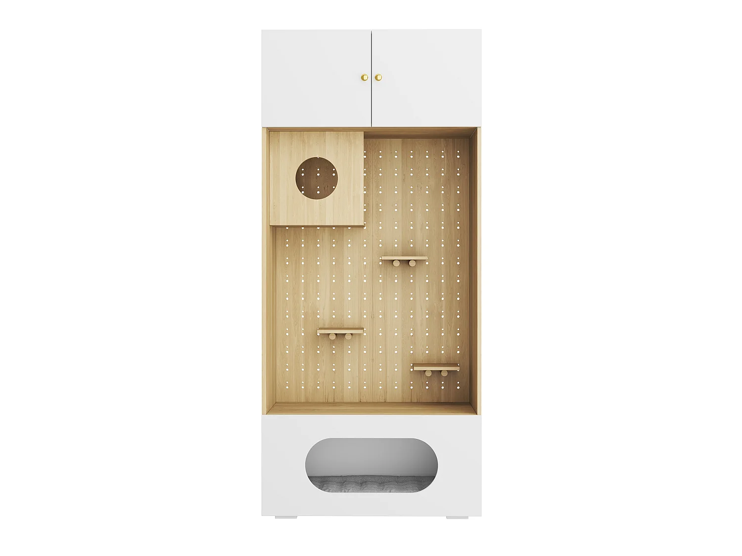 Meuble Multifonction pour Chat 90x200cm Blanc et Bois - Armoire de Rangement avec Parcours d'Escalade, Niche, Coussin Moelleux & Étage Supérieur, Style Scandinave