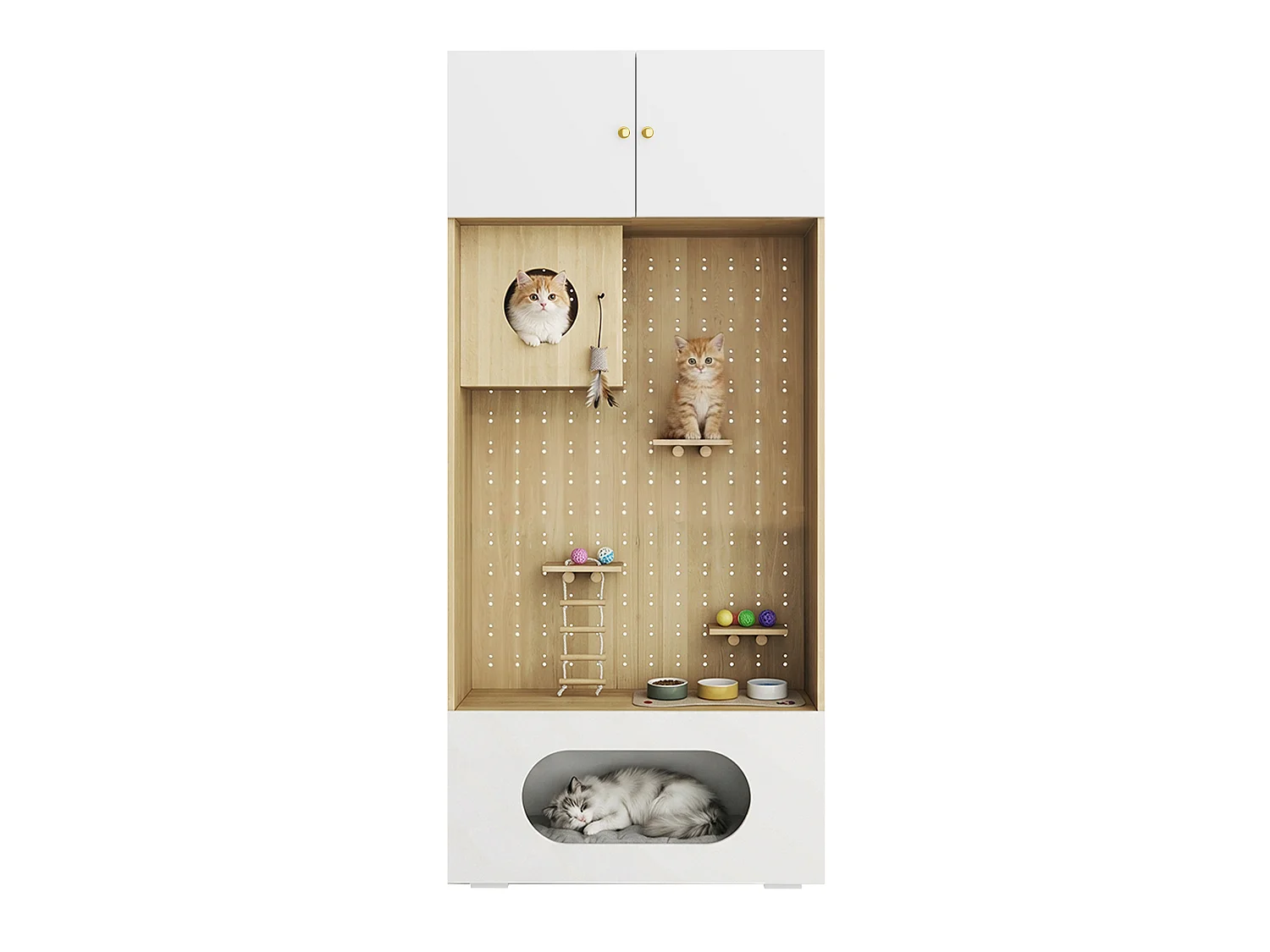 Meuble Multifonction pour Chat 90x200cm Blanc et Bois - Armoire de Rangement avec Parcours d'Escalade, Niche, Coussin Moelleux & Étage Supérieur, Style Scandinave