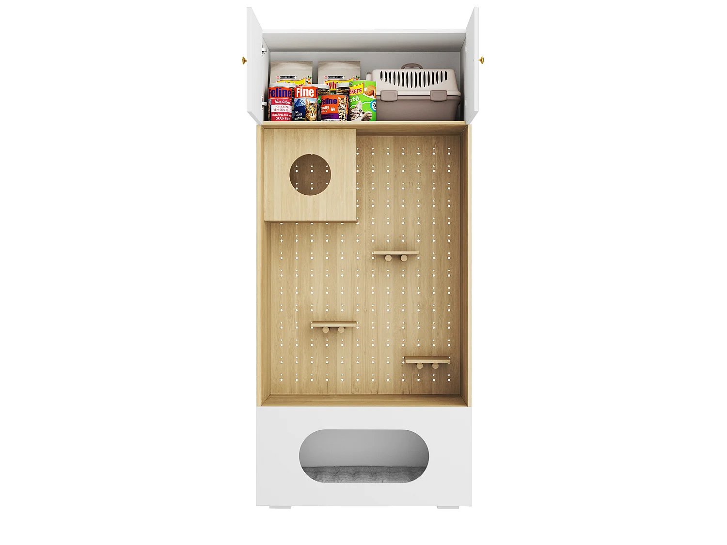 Meuble Multifonction pour Chat 90x200cm Blanc et Bois - Armoire de Rangement avec Parcours d'Escalade, Niche, Coussin Moelleux & Étage Supérieur, Style Scandinave