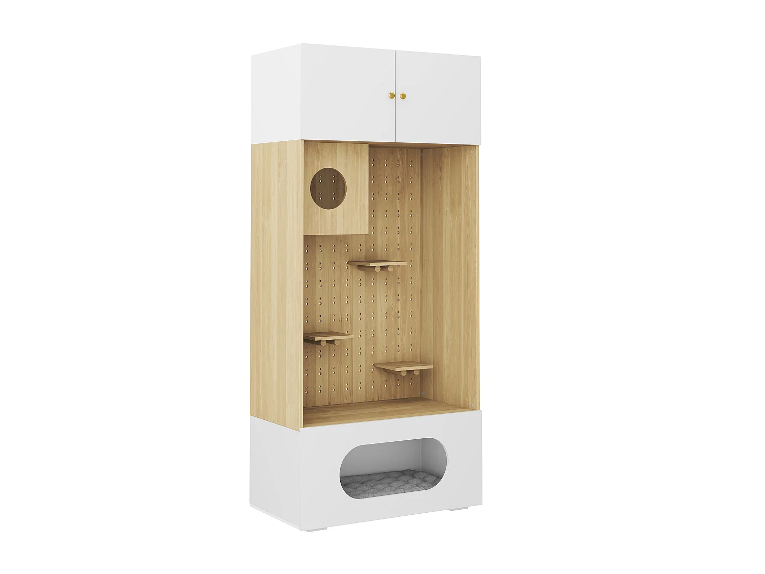 Meuble Multifonction pour Chat 90x200cm Blanc et Bois - Armoire de Rangement avec Parcours d'Escalade, Niche, Coussin Moelleux & Étage Supérieur, Style Scandinave