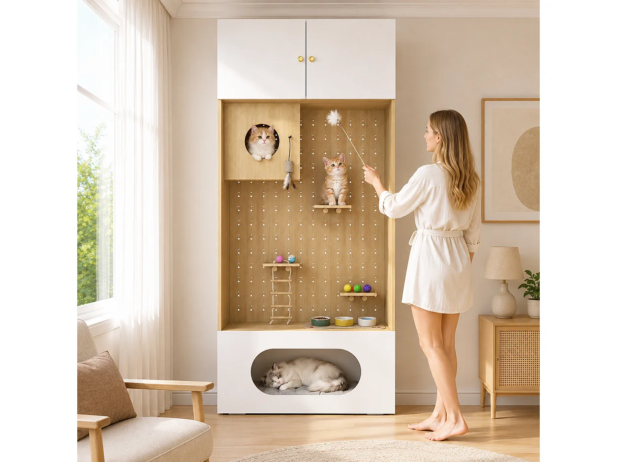 Meuble Multifonction pour Chat 90x200cm Blanc et Bois - Armoire de Rangement avec Parcours d'Escalade, Niche, Coussin Moelleux & Étage Supérieur, Style Scandinave