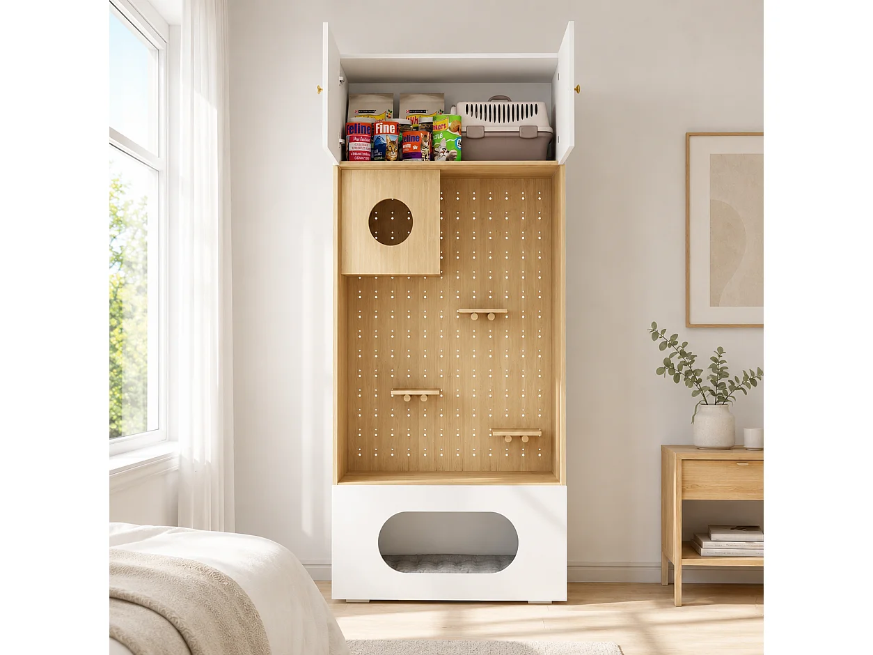 Meuble Multifonction pour Chat 90x200cm Blanc et Bois - Armoire de Rangement avec Parcours d'Escalade, Niche, Coussin Moelleux & Étage Supérieur, Style Scandinave