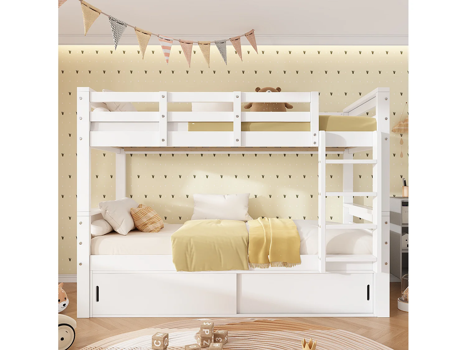 Łóżko piętrowe dla dzieci 90x200 cm - z 2 drzwiami przesuwnymi - z drabinką - można rozdzielić na dwa pojedyncze łóżka - Lite drewno + MDF - Biały (bez materaca)