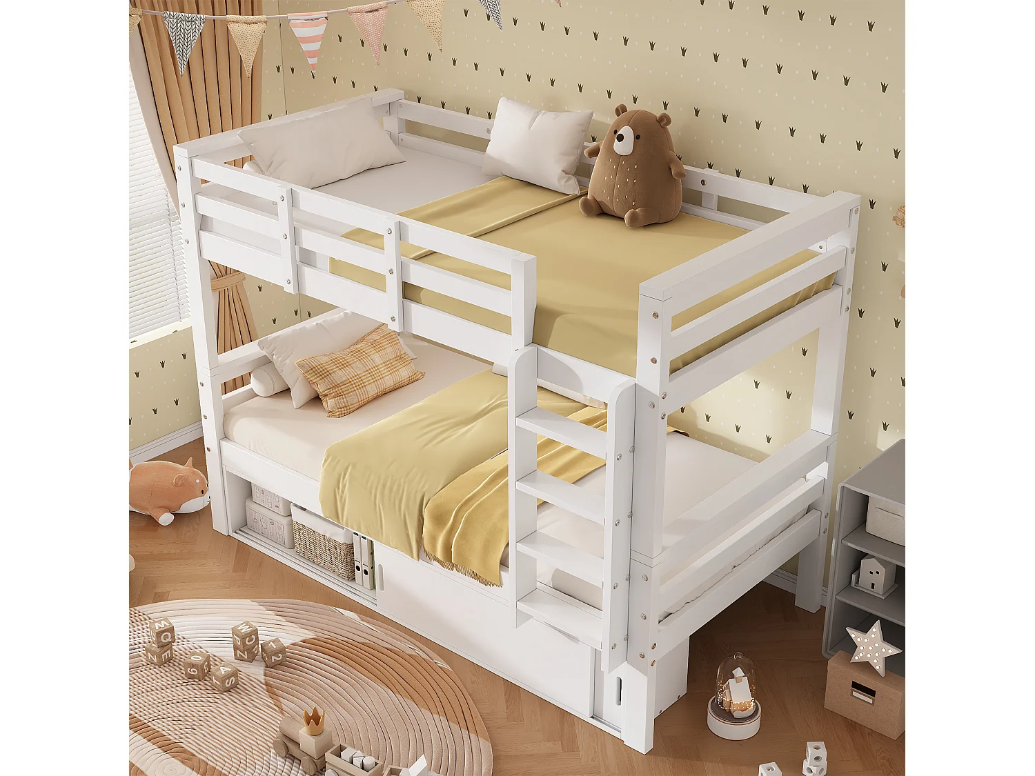 Łóżko piętrowe dla dzieci 90x200 cm - z 2 drzwiami przesuwnymi - z drabinką - można rozdzielić na dwa pojedyncze łóżka - Lite drewno + MDF - Biały (bez materaca)