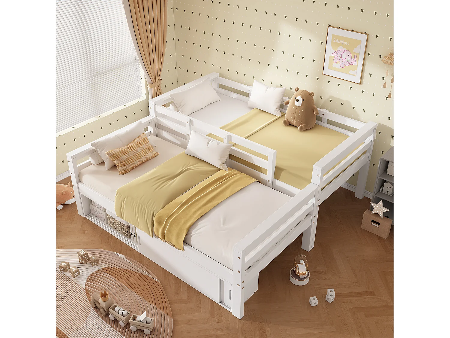 Łóżko piętrowe dla dzieci 90x200 cm - z 2 drzwiami przesuwnymi - z drabinką - można rozdzielić na dwa pojedyncze łóżka - Lite drewno + MDF - Biały (bez materaca)