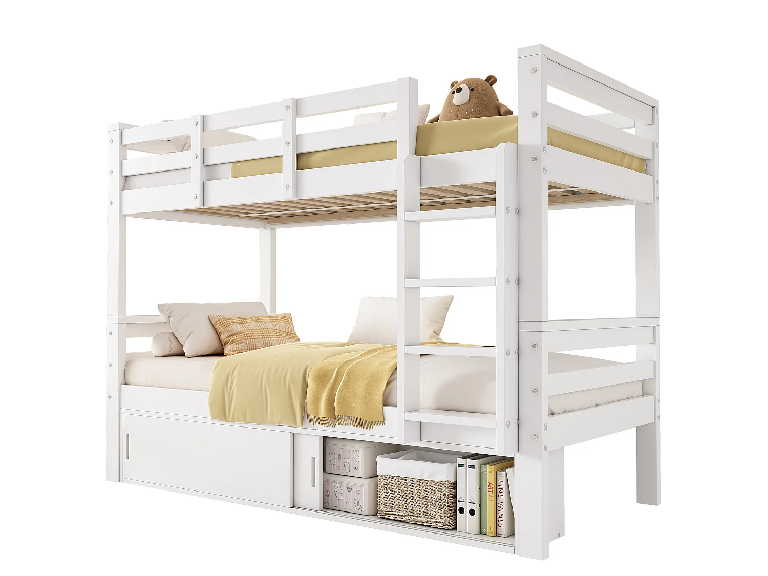 Łóżko piętrowe dla dzieci 90x200 cm - z 2 drzwiami przesuwnymi - z drabinką - można rozdzielić na dwa pojedyncze łóżka - Lite drewno + MDF - Biały (bez materaca)