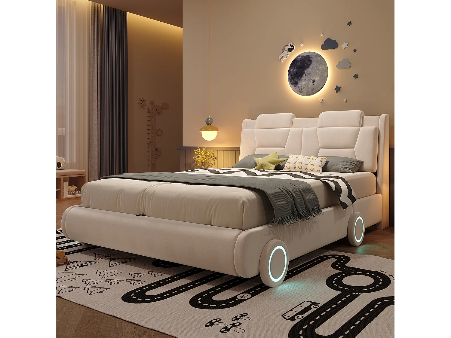Upholstered bed for children 140x200cm - adjustable headboard height - with LED lighting - velvet fabric - Beige (without mattress)