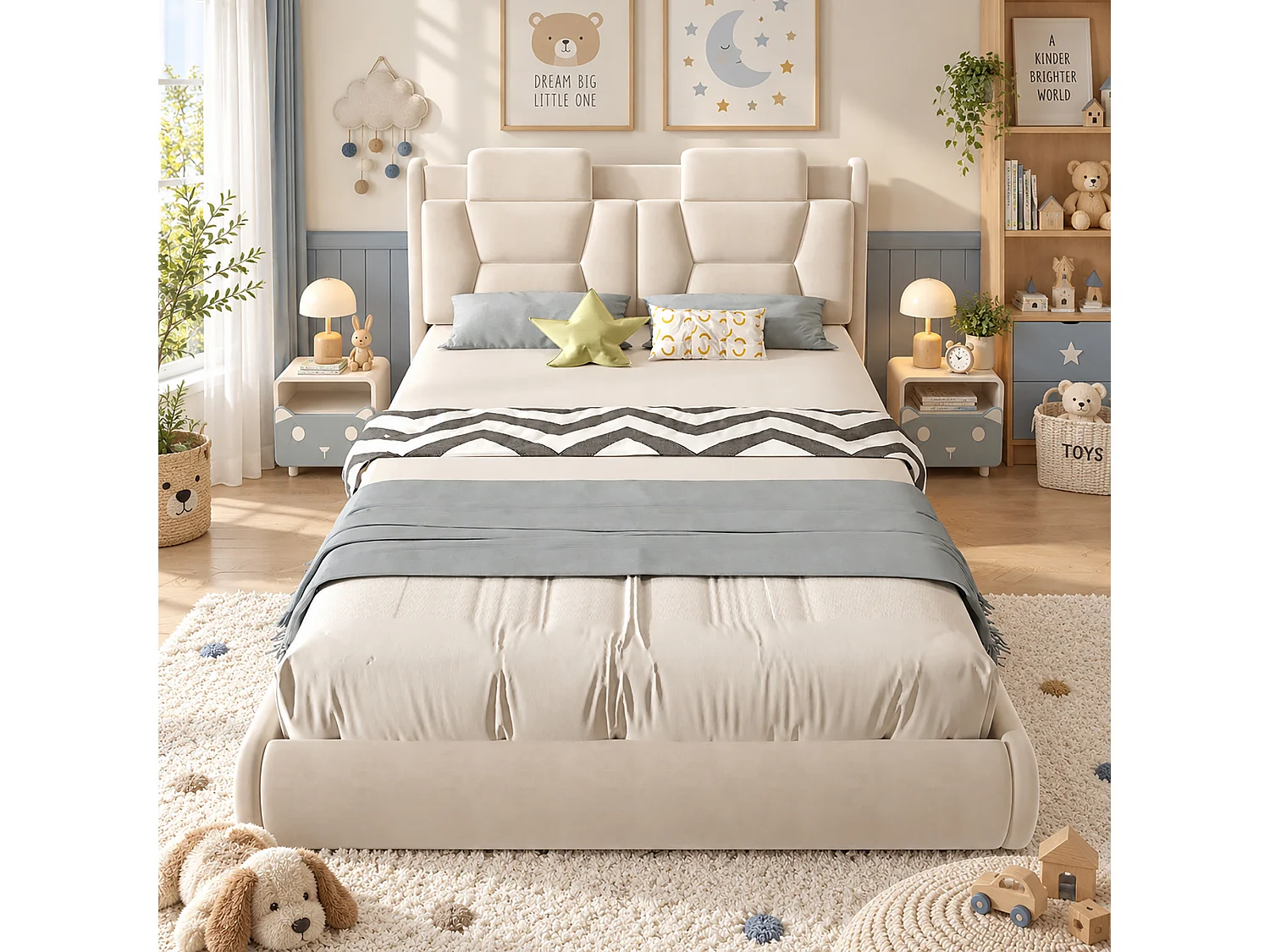 Upholstered bed for children 140x200cm - adjustable headboard height - with LED lighting - velvet fabric - Beige (without mattress)