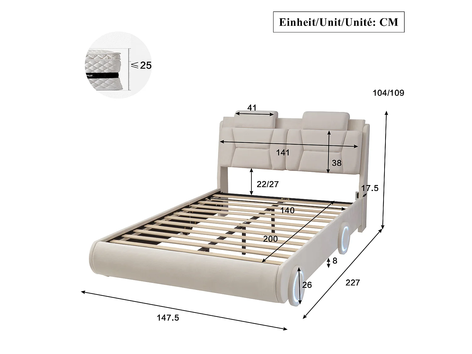 Upholstered bed for children 140x200cm - adjustable headboard height - with LED lighting - velvet fabric - Beige (without mattress)