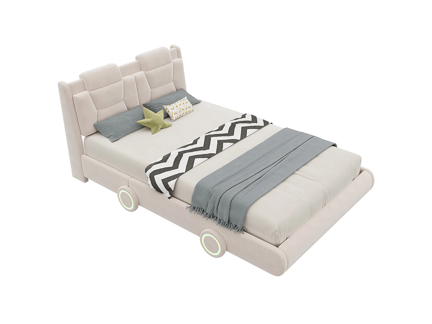 Upholstered bed for children 140x200cm - adjustable headboard height - with LED lighting - velvet fabric - Beige (without mattress)