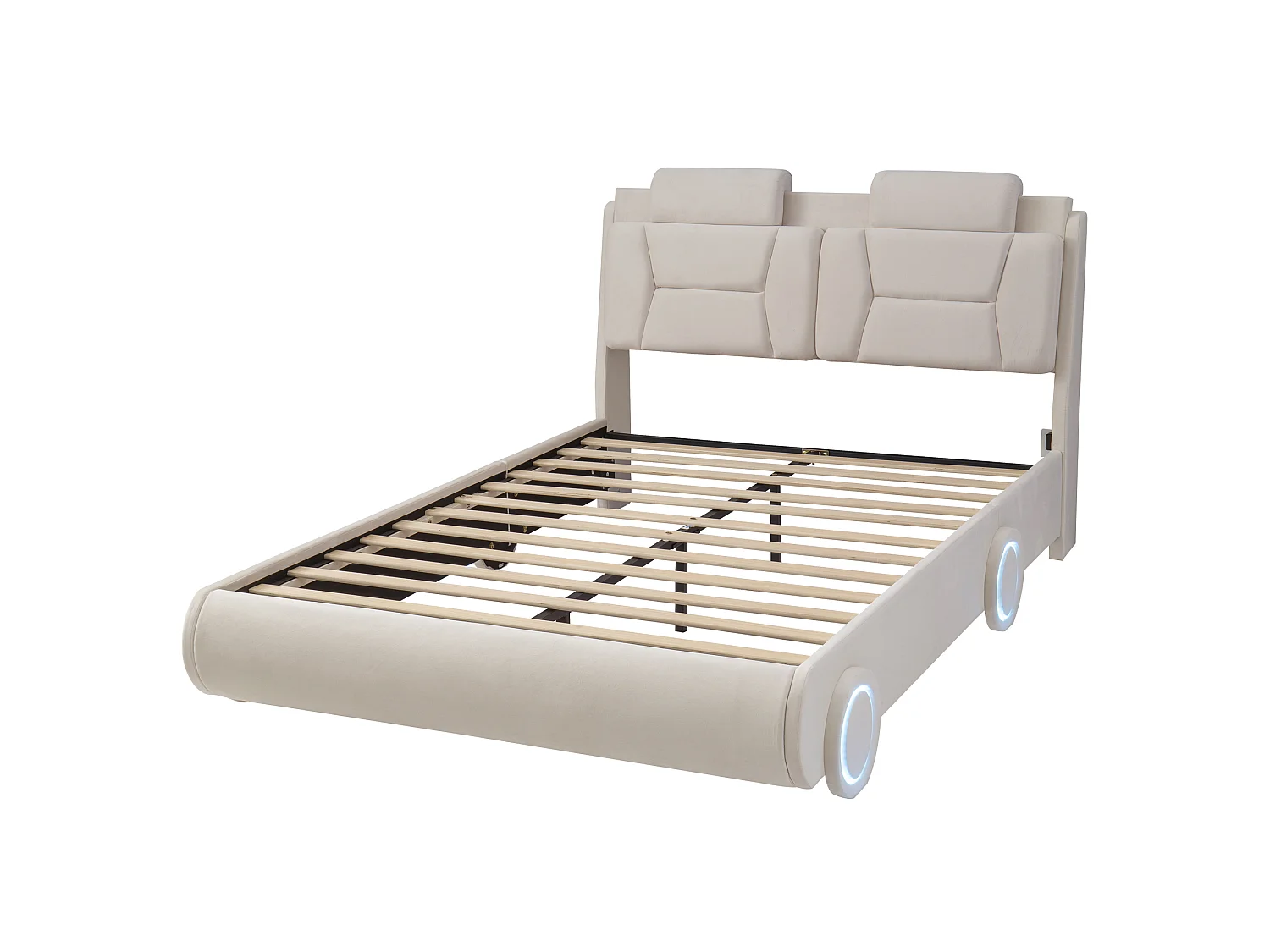 Upholstered bed for children 140x200cm - adjustable headboard height - with LED lighting - velvet fabric - Beige (without mattress)