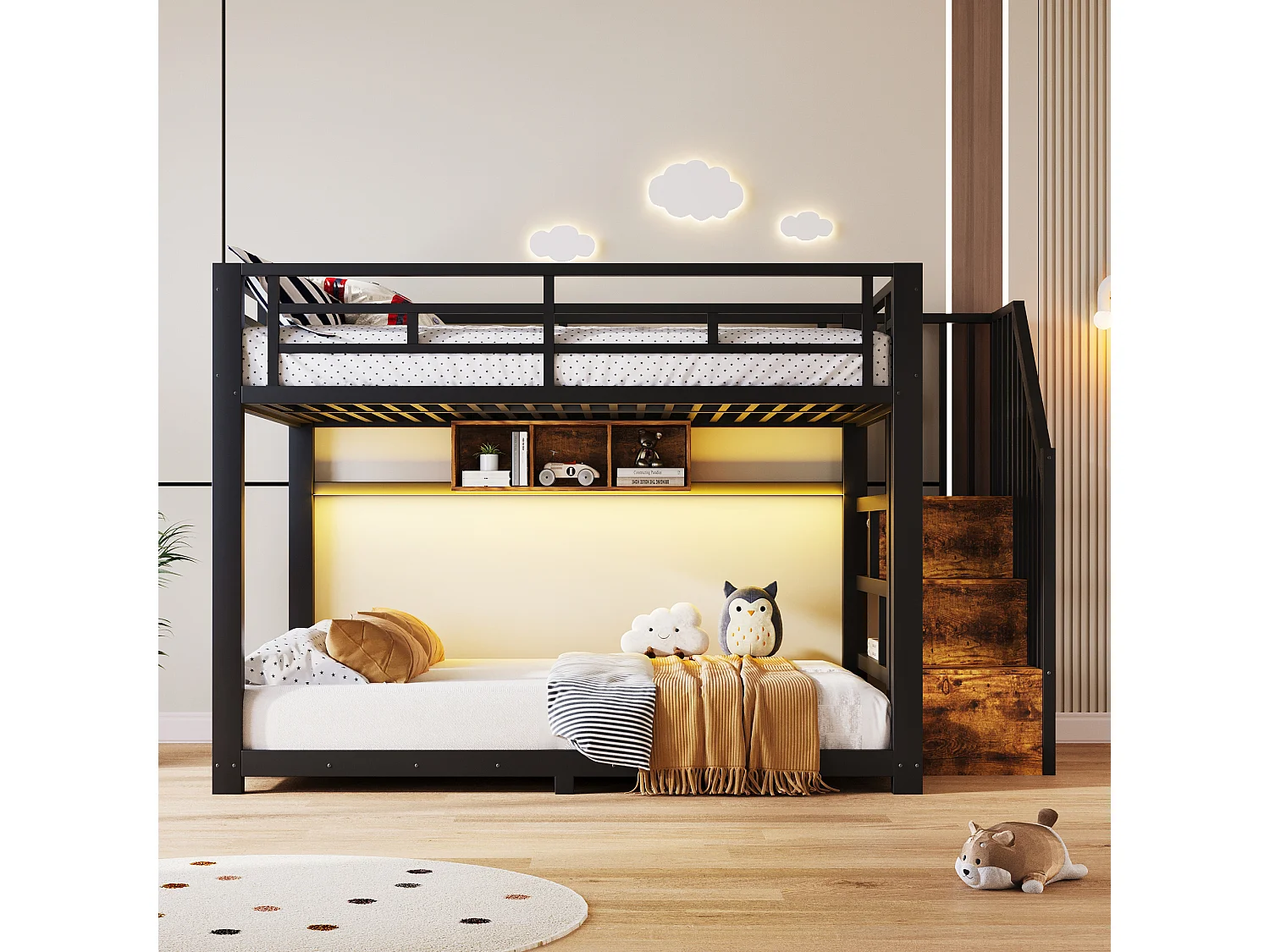 Stapelbed 140 x 200 cm met trap, 3 opbergvakken, ledverlichting en veiligheidsrails – Metaal en MDF – Zwart (Matras niet inbegrepen)