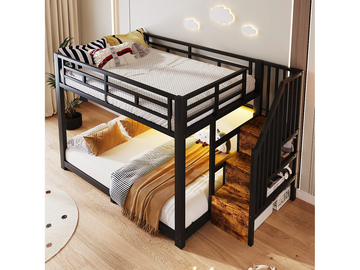 Stapelbed 140 x 200 cm met trap, 3 opbergvakken, ledverlichting en veiligheidsrails – Metaal en MDF – Zwart (Matras niet inbegrepen)