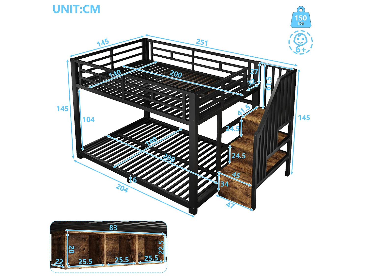 Stapelbed 140 x 200 cm met trap, 3 opbergvakken, ledverlichting en veiligheidsrails – Metaal en MDF – Zwart (Matras niet inbegrepen)