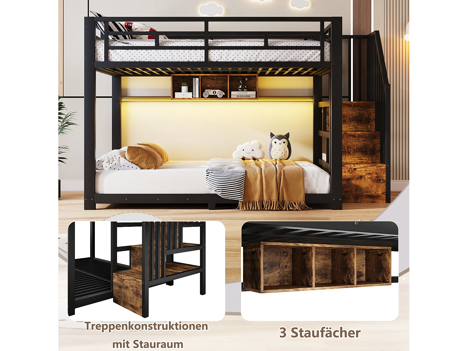 Stapelbed 140 x 200 cm met trap, 3 opbergvakken, ledverlichting en veiligheidsrails – Metaal en MDF – Zwart (Matras niet inbegrepen)