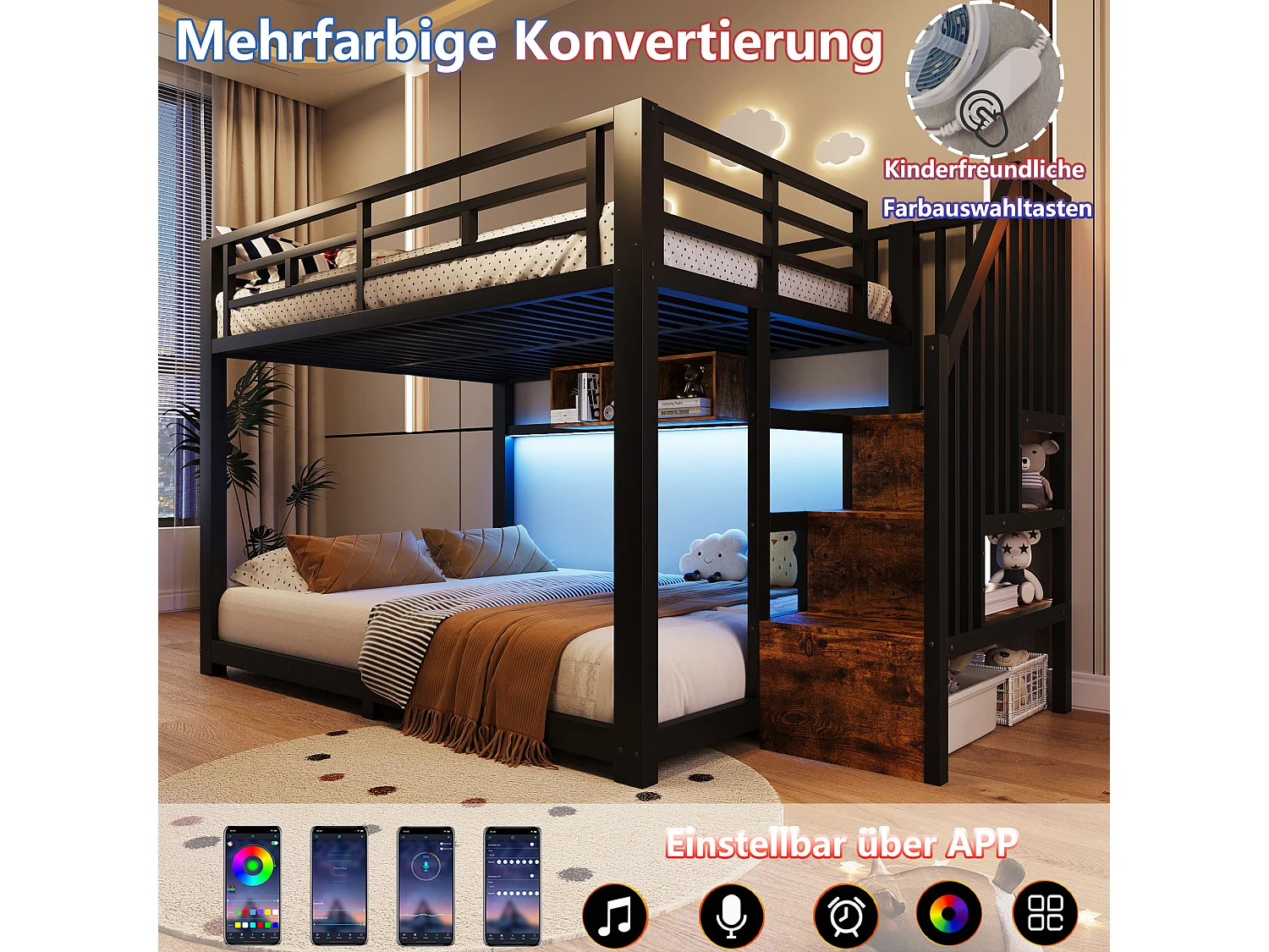 Stapelbed 140 x 200 cm met trap, 3 opbergvakken, ledverlichting en veiligheidsrails – Metaal en MDF – Zwart (Matras niet inbegrepen)